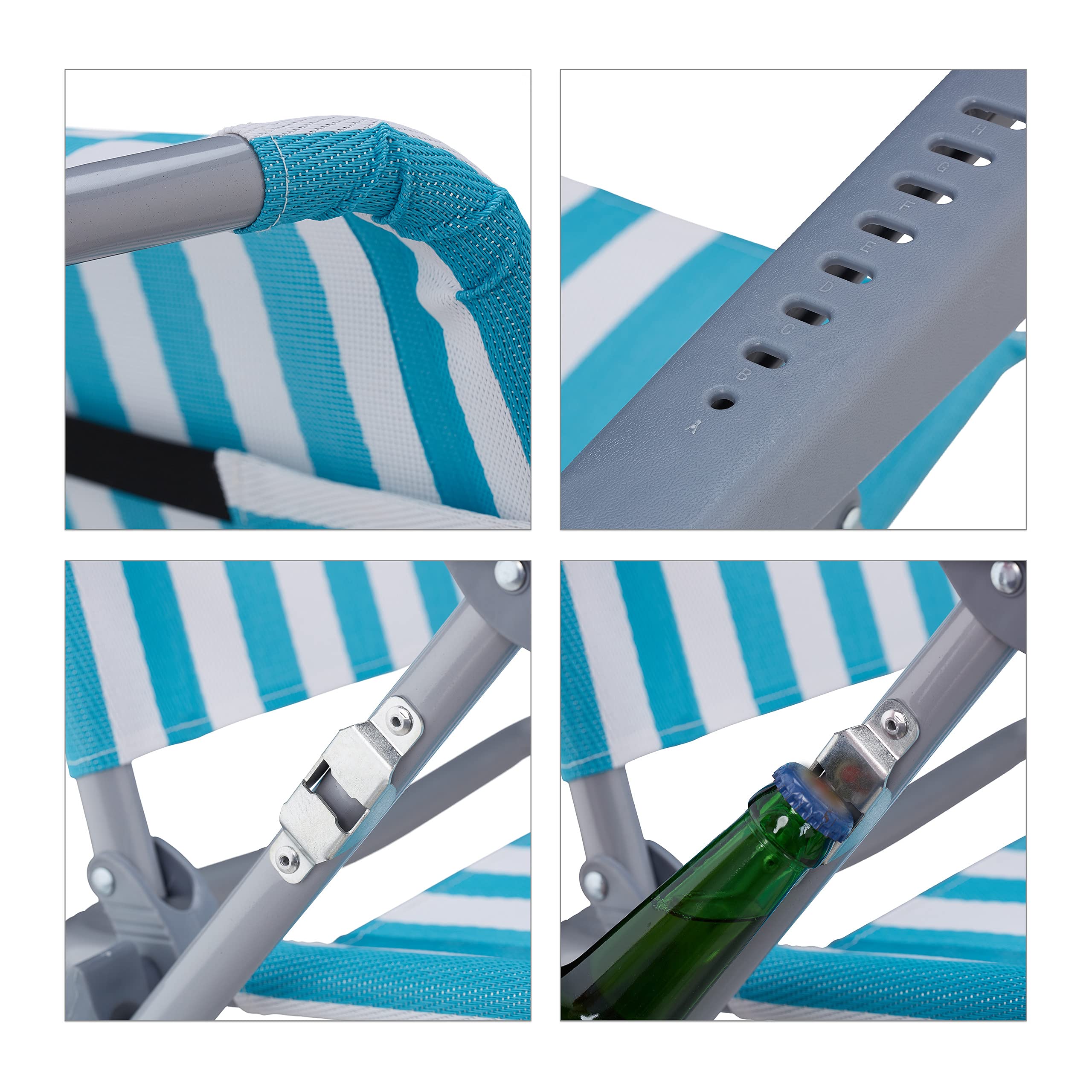 Relaxdays Sedia Sdraio Pieghevole, Regolabile su 8 Livelli, Poggia-Testa Braccioli e Apribottiglie Laterale, Blu Bianco