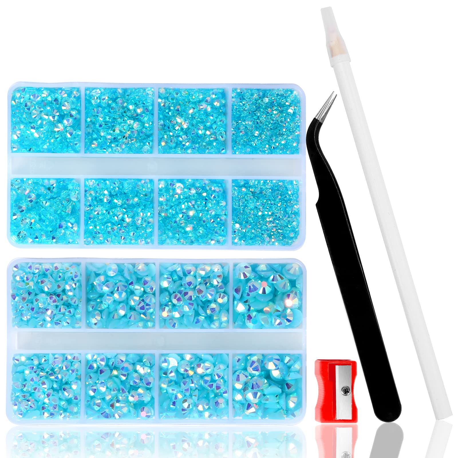 10400PCS Lake Blue Rhinestones, Jelly Resin Crystals for Nails, Flatback Non Hotfix DIY Crystals with 15 cm Pencil Sharpener and Tweezer & Picker Pen