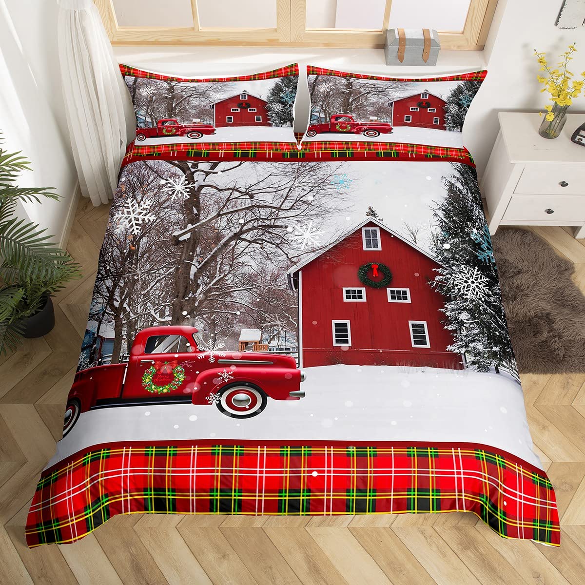 Christmas Truck Kids Duvet Cover Set Full Size,Geometric Plaids Snowflake Bedding Set,Girls Boys Adults Room/Xmas Cabin Decor,Cottage Rustic Comforter Cover,Farmhouse Quilt Cover,3pcs,2 pillowcases