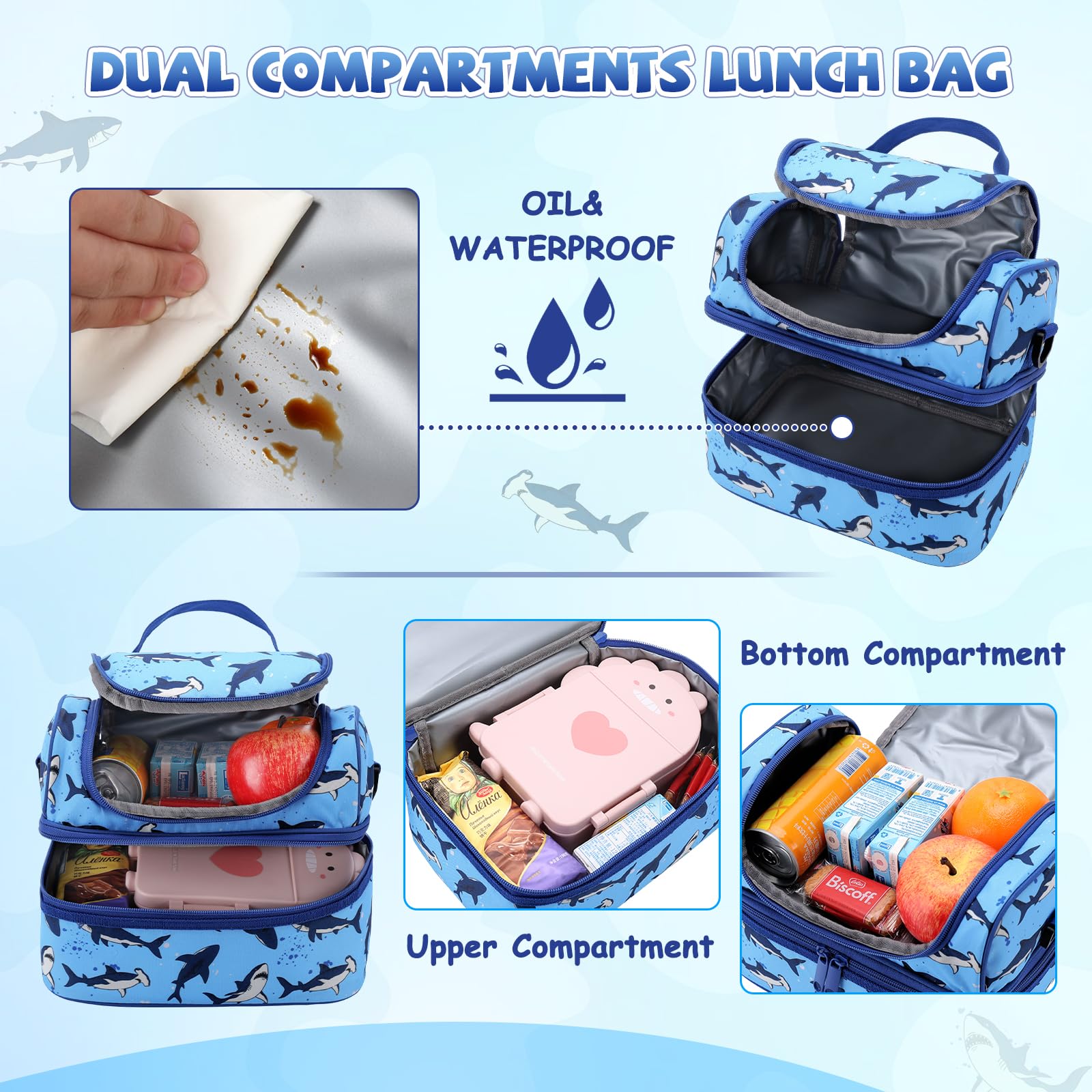 Lunch Bag for Kids,ChaseChic Insulated Lunch Boxes Bag Lightweight Water-Resistant Cooler Bag for Boys Girls in Dual Compartment Leak-Proof Lunch Organizer Blue Shark - Image 4