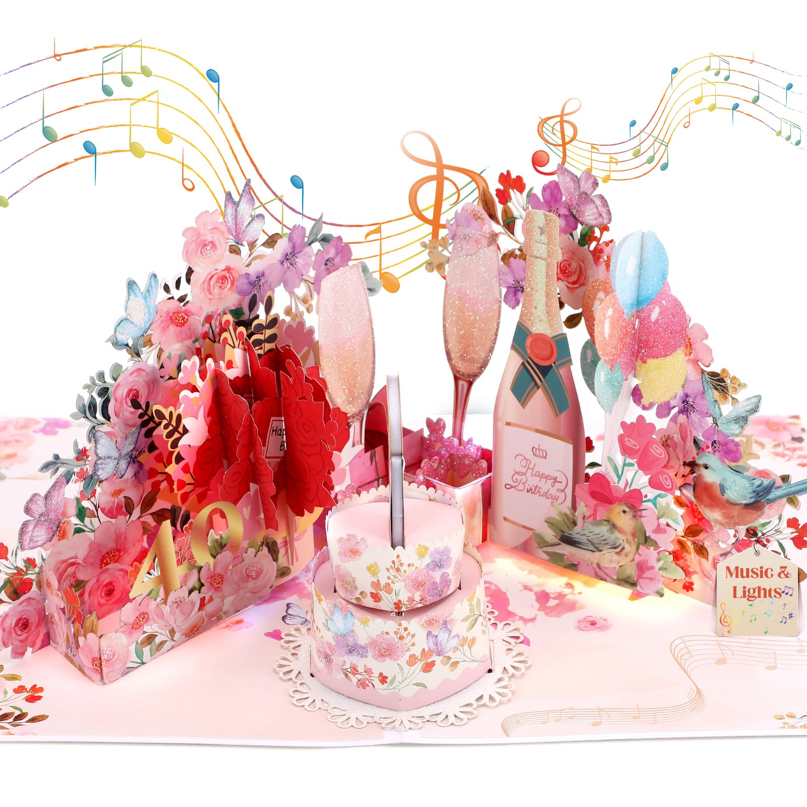 Geburtstagskarte zum 40. Geburtstag für Frauen, Geburtstagskarte 40 Jahre mit Musik & Licht, 3D Champagner Pop-Up Singende Karte zum 40. Geburtstag für 40-jährige Frau, Ehefrau, Freundin, Damen