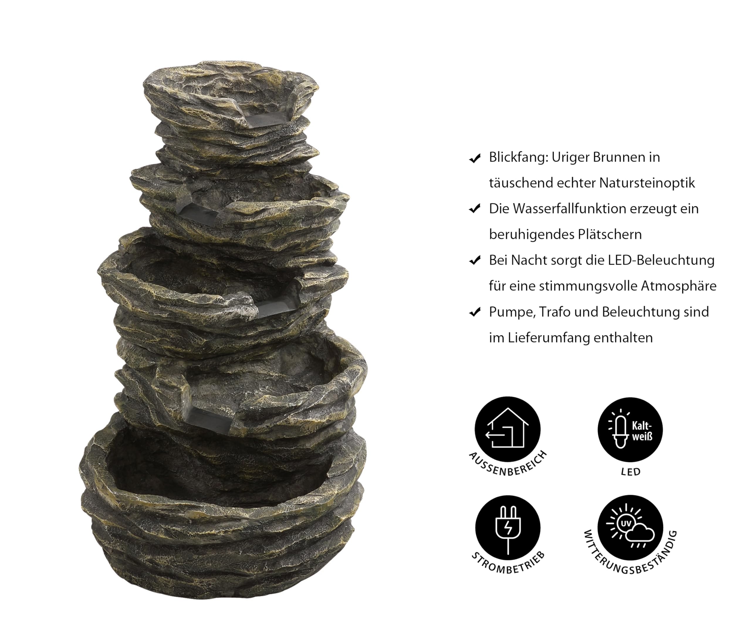 Dehner Gartenbrunnen Roccia mit LED Beleuchtung, Steinoptik, ca. 99 x 65 x 62 cm, 22 kg, Polyresin, grau