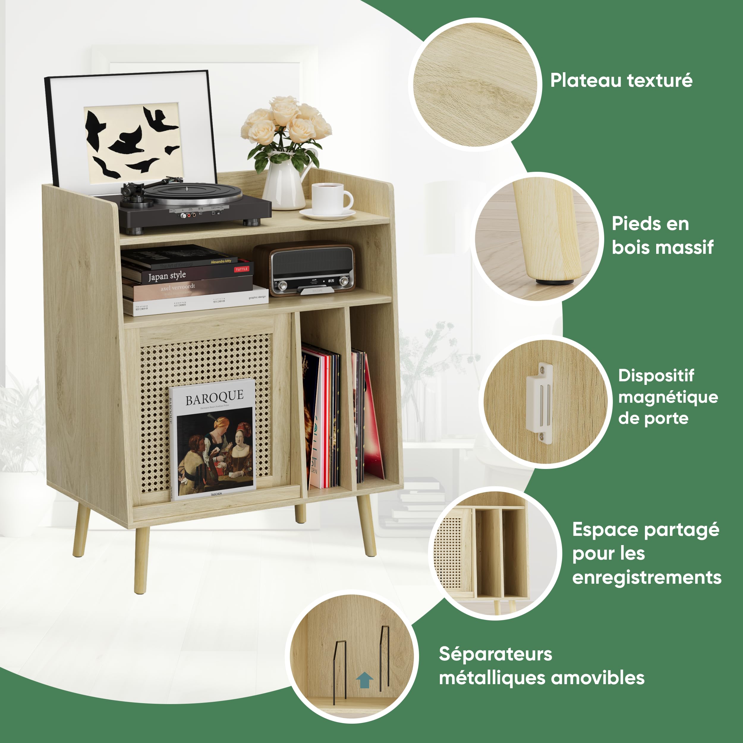 Kiasthome Schallplattenschrank, Vinyl Aufbewahrung mit Plattenspieler-Tisch für Wohnzimmer (Hellholz Rattan - Hoch)