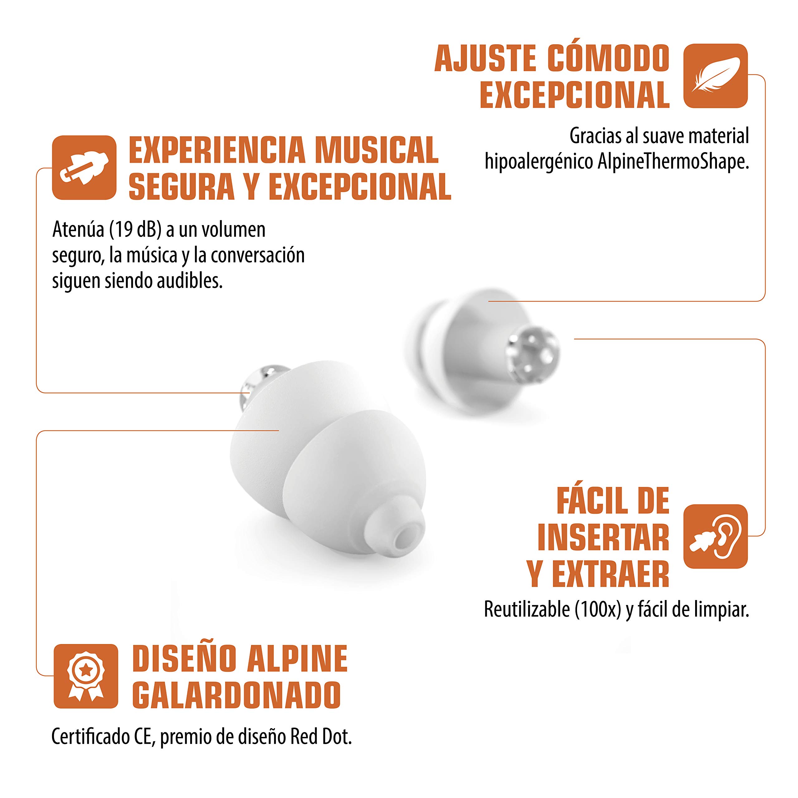 Alpine PartyPlug Tapones para los oídos para Fiestas, festivales de música y conciertos - Cómodo material hipoalergénico + Estuche llavero - Tapones reutilizables - Blanco