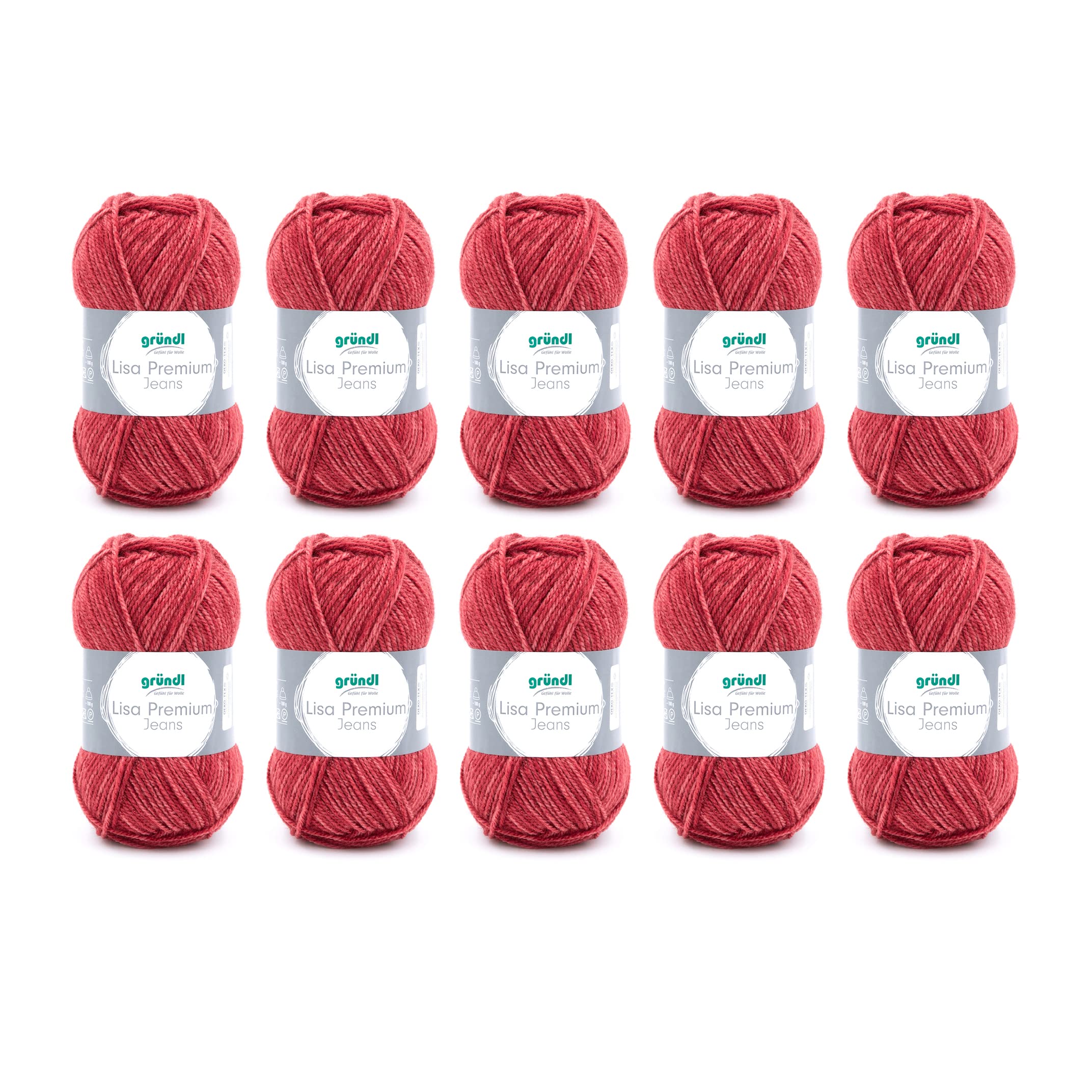 Gründl Wolle Lisa Premium Jeans, Yarn for Knitting with Colour Gradient, Knitting Yarn, Crochet Yarn, Soft and Skin-friendly, 100% Polyacrylic, 10 Balls 50 g / 133 m, Needle Size 3.5-4.5, Oriental Red