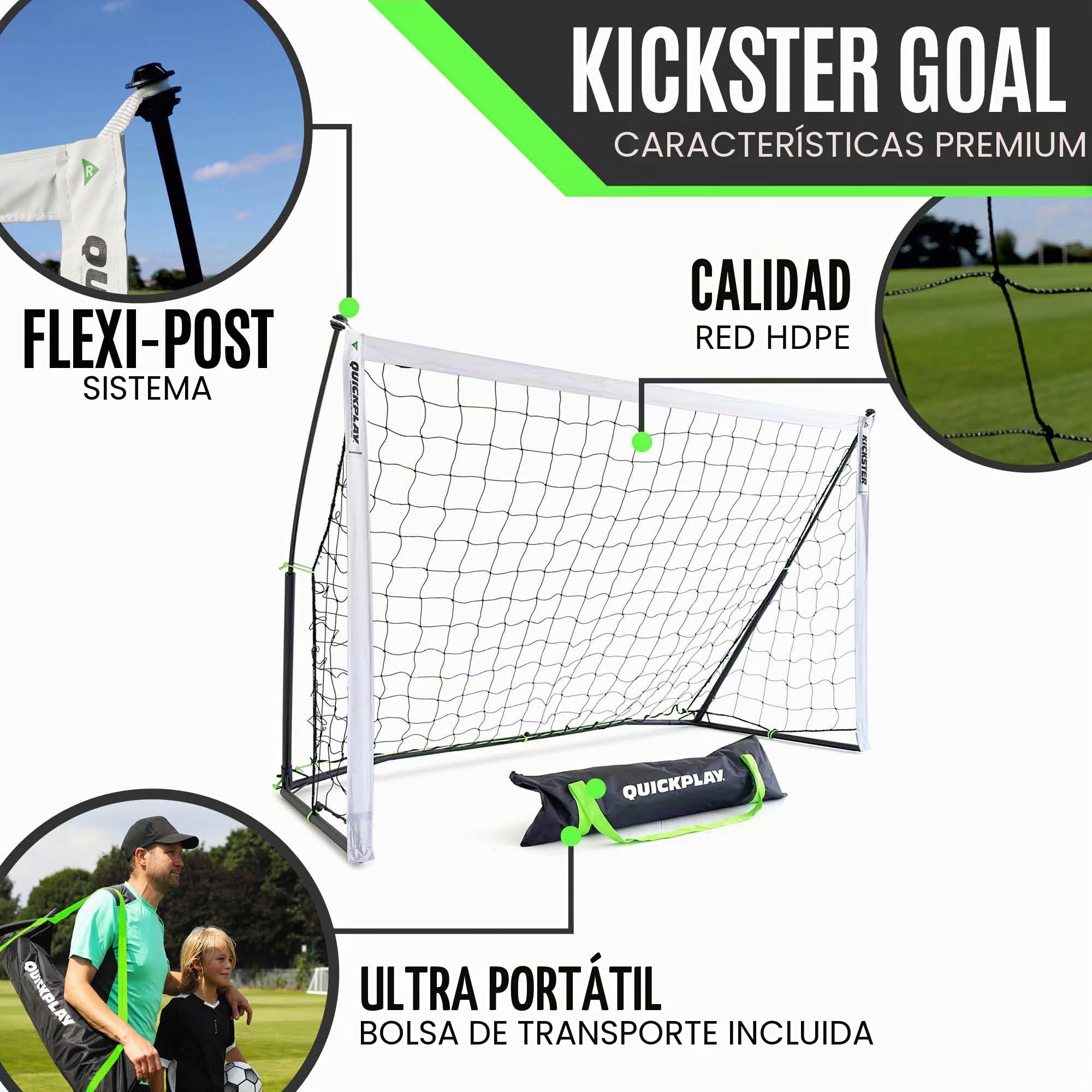 QuickPlay KICKSTER Portería de fútbol portátil – Porterías de fútbol Flexi-Post originales desde 2007 – Porterías de fútbol de jardín de instalación rápida con redes, bolsa de transporte y anclajes