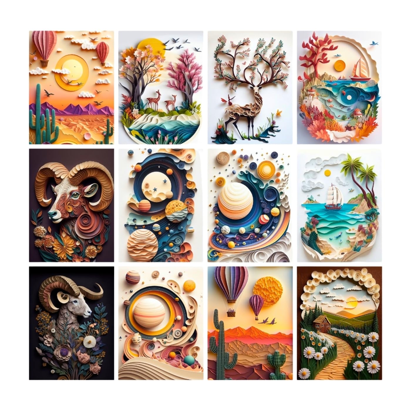 Brandian Wall Posters 12 Pcs Handmade Paper Quilling Art, Beautiful Decorative Prints for Creative Spaces, Unframed Multicolor Prints, A4, 8 x 12 Inches (No Back Tape or Glue)