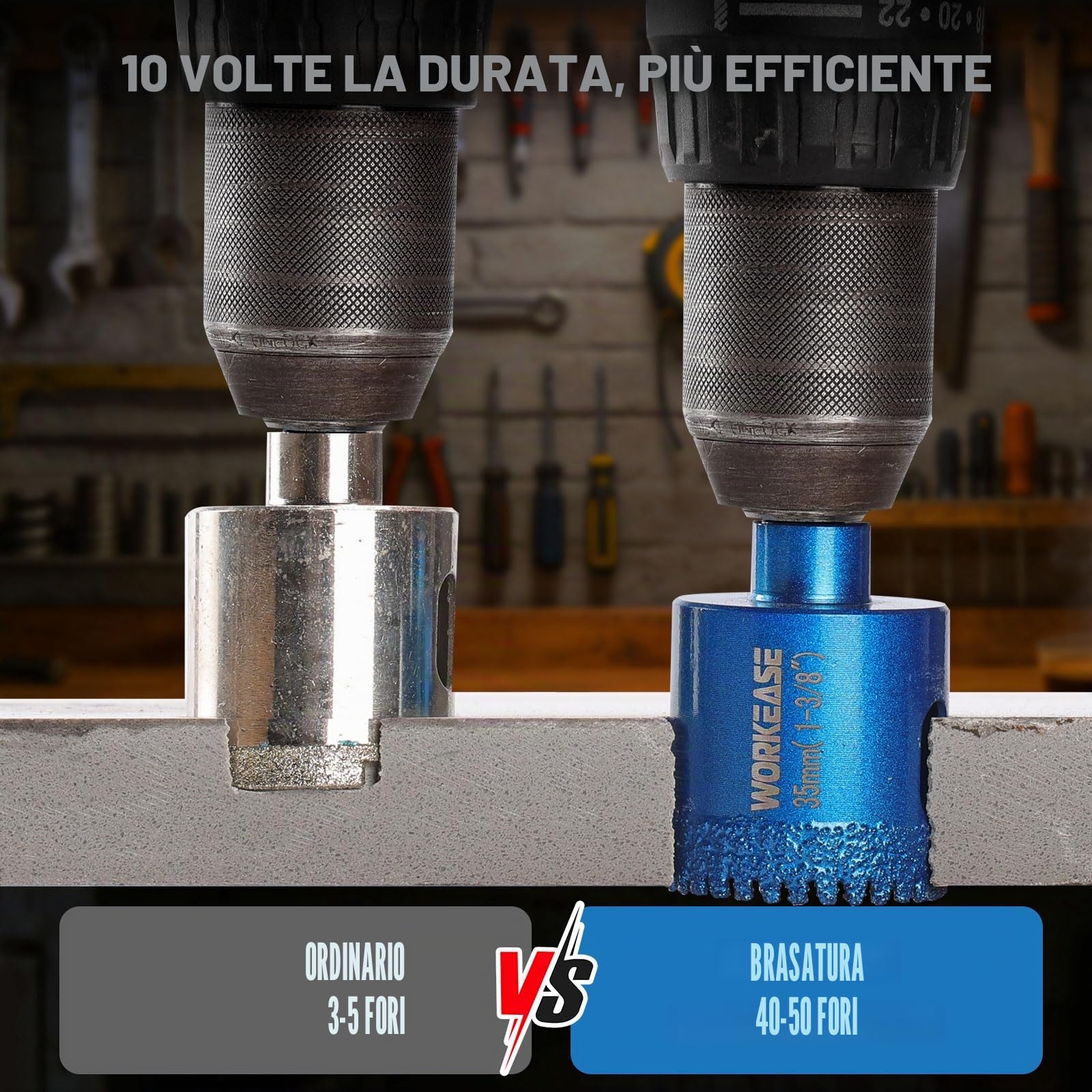 WORKEASE Set di 10 frese a tazza per piastrelle, punte seghettate per brasatura con stampo in EVA, per seghe a tazza, guide per piastrelle cave, vetro, ceramica, legno, marmo, granito