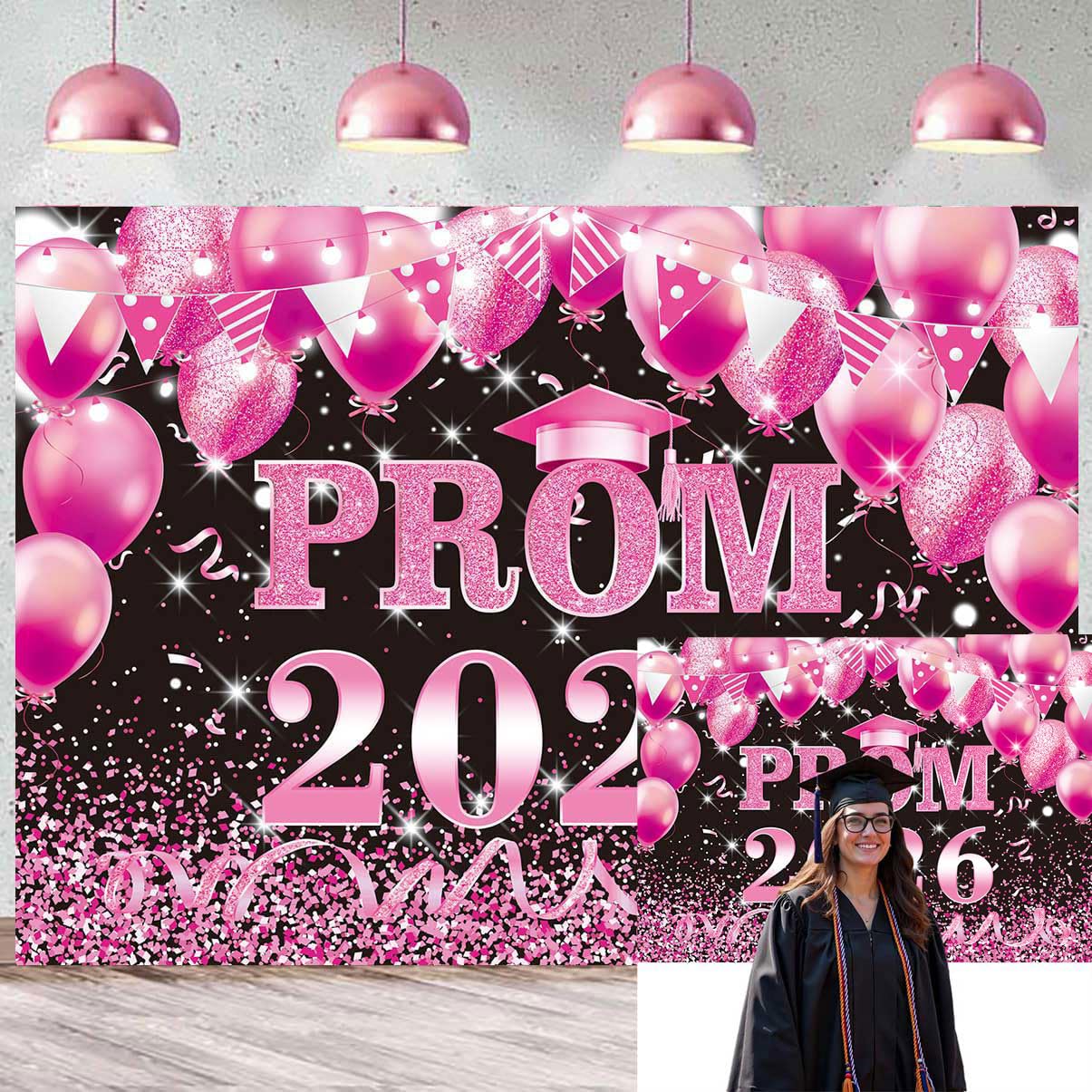 Prom 2026 Backdrop 7x5FT Pink Prom Send Off Photography Background Class of 2026 Congrats Grad Classroom Decoration Banner Photo Booth Props