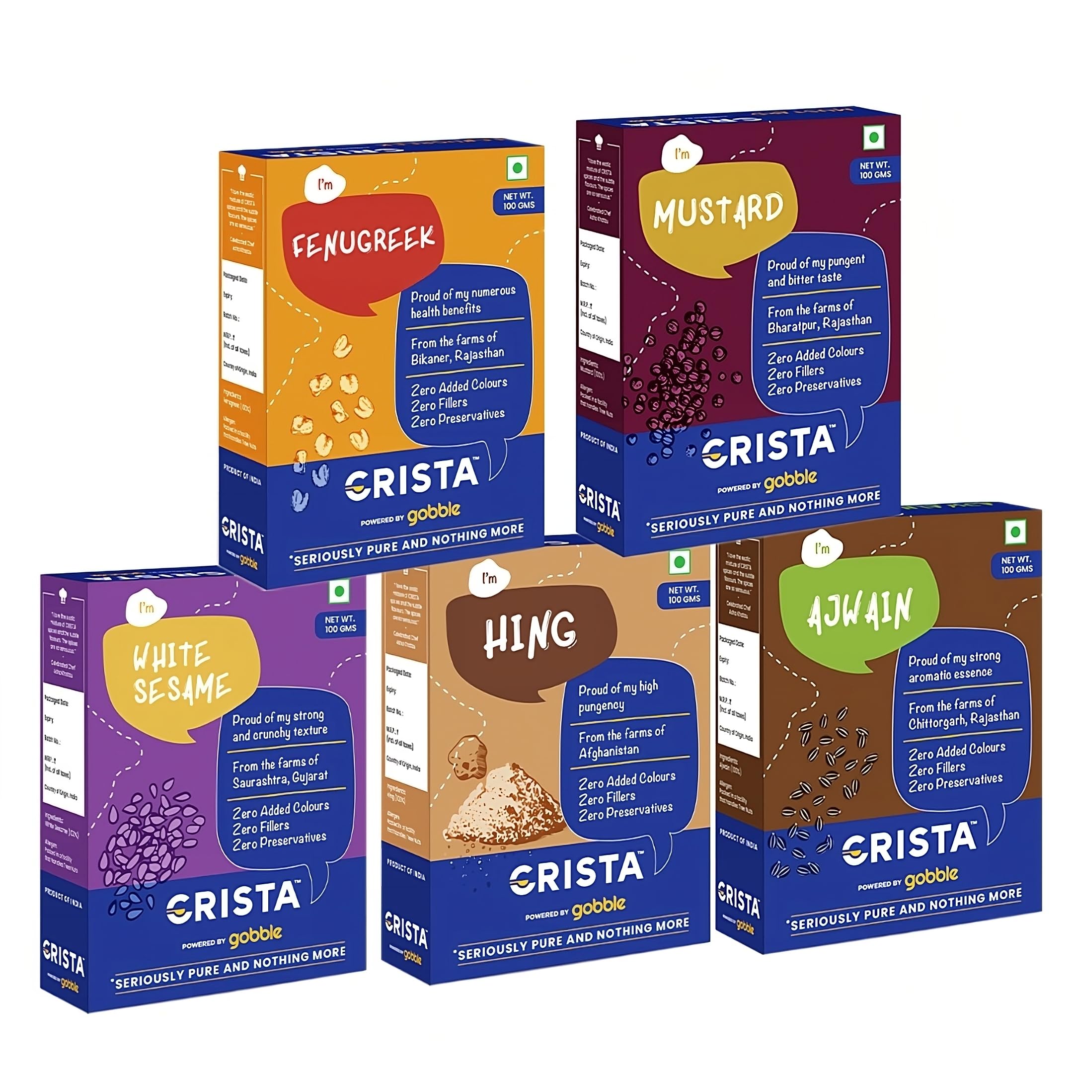 CRISTA Tempering Spices (Masala) Combo Pack | Ajwain x 1, 100 gms | Mustard x 1, 100 gms | Fenugreek x 1, 100 gms | White Sesame x 1, 100 gms |Hing x 1, 100 gms |Pack of 5 | Zero added Colours (B0BDRLW3CC) Amazon Price History, Amazon Price Tracker