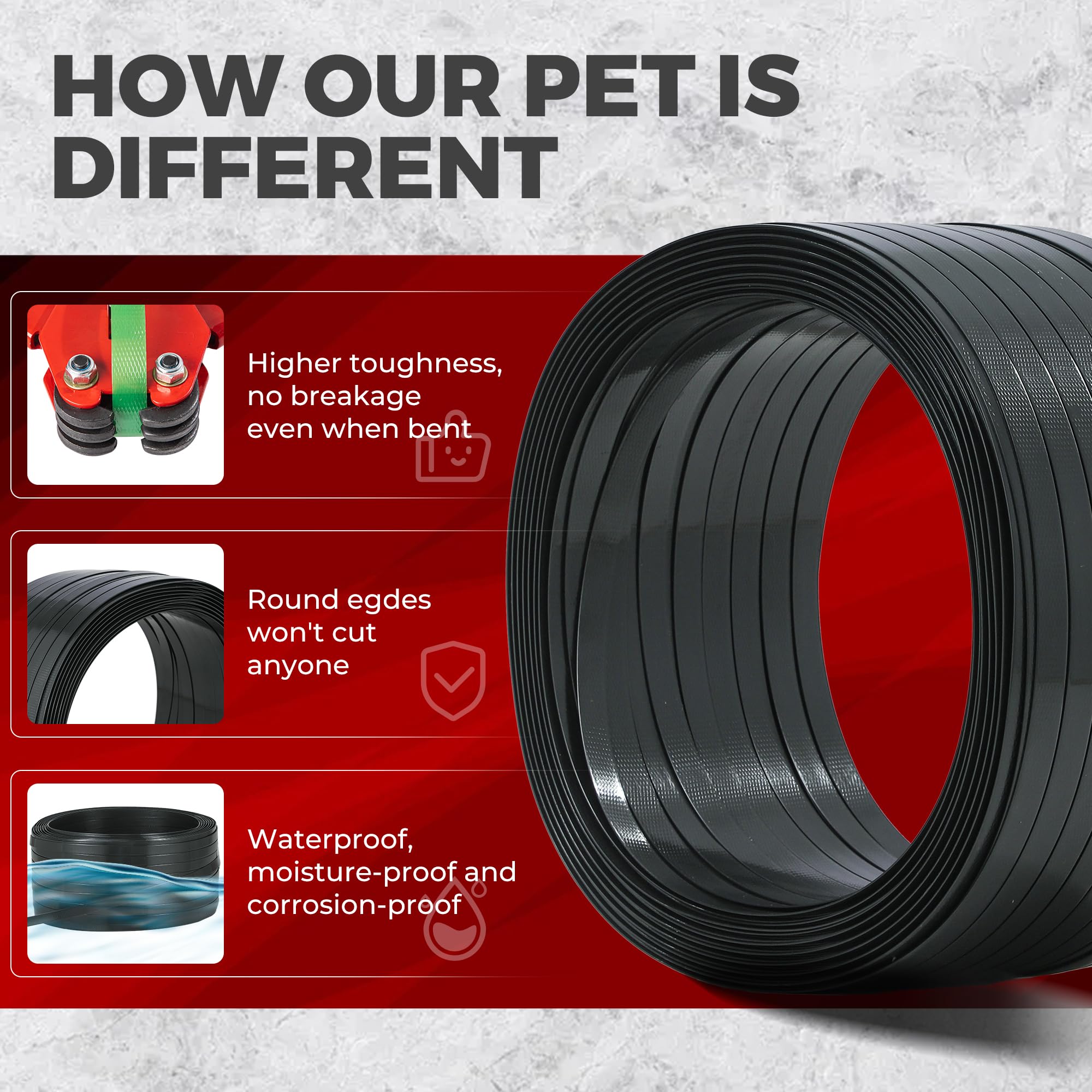 Kit de flejado de palés con herramientas - Fleje de PET negro resistente de 1,6 cm x 304,5 m, tensor y sellador, 100 precintos metálicos para asegurar, enviar y agrupar | Juego de flejado de poliést