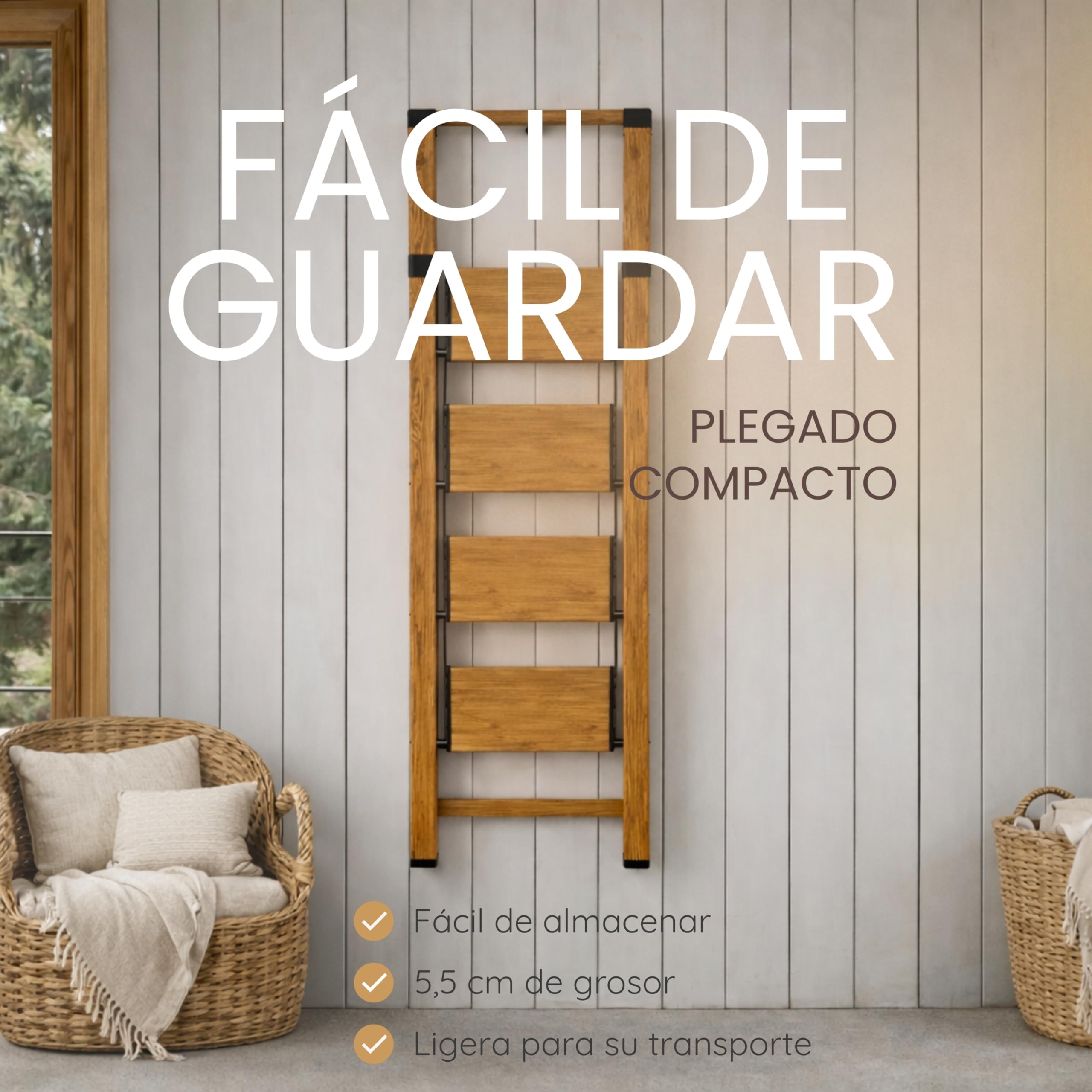 Escalera Plegable de Aluminio Efecto Madera para hogar, 4 peldaños, peldaños Anchos Antideslizantes, EN 131 - 2