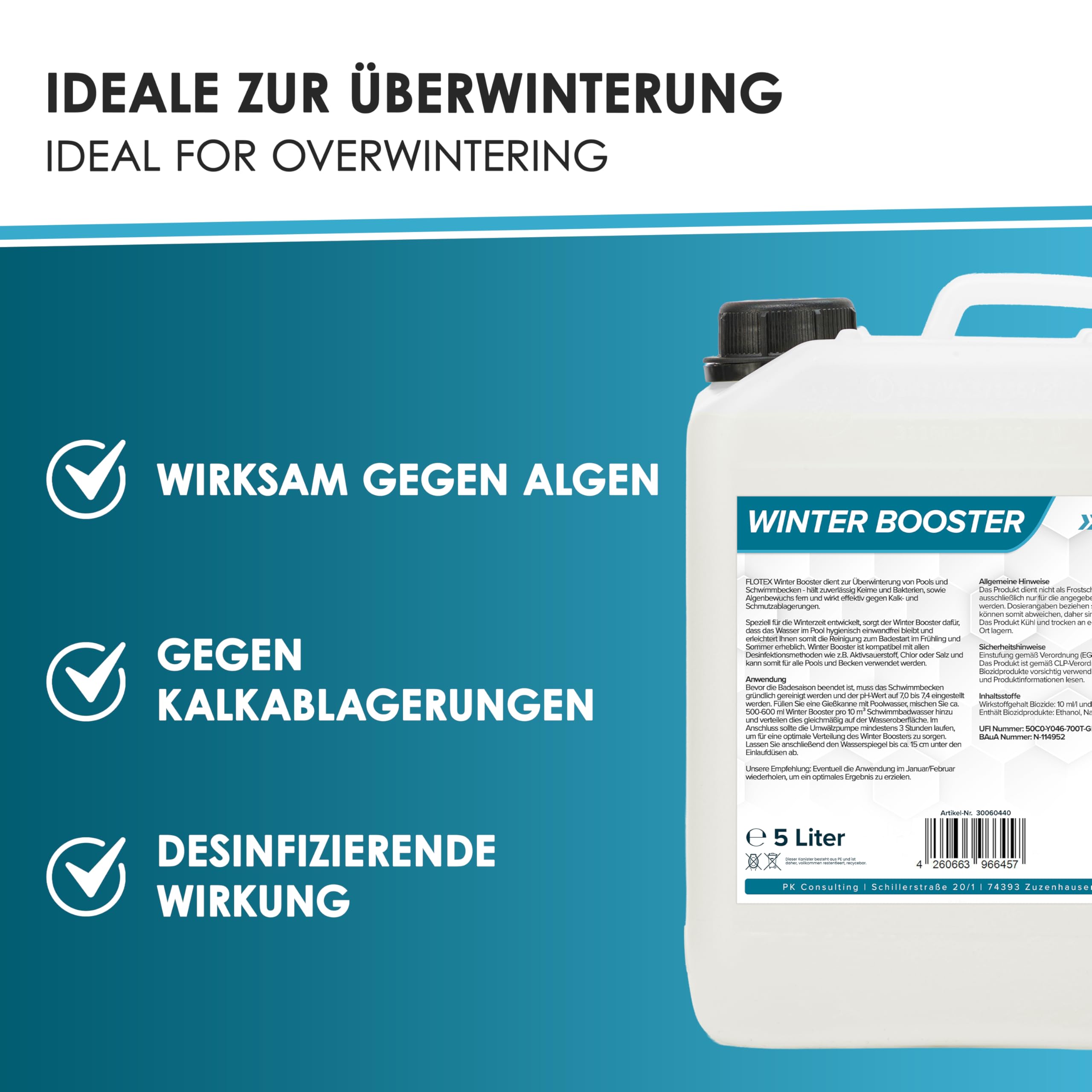 Effektiver Winter Booster 5L | Pool Wintermittel | Winterschutzmittel für Pools | Wintermittel für Pool | Pool Überwinterungsmittel Algizid | Einfache Winter Poolpflege