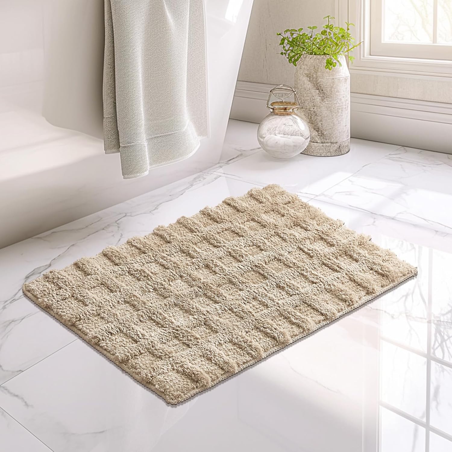 Bath Mat Beige 24''x 16'',Non Slip Small Bathroom Rugs,Boho Absorbent Bath Mat Bathroom Shower Rug,Washable Quick Dry Checkered Bath Mats,Ultra Soft Modern Bath Rug Beige 1'4" x 2' (Rectangular)