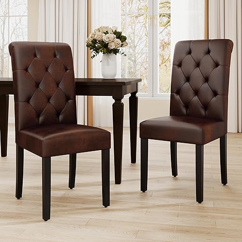 Miniatura 12 de Juego de 4 sillas de comedor tapizadas, sillas de cocina Parsons copetudas con patas de madera maciza, silla auxiliar de tela moderna para