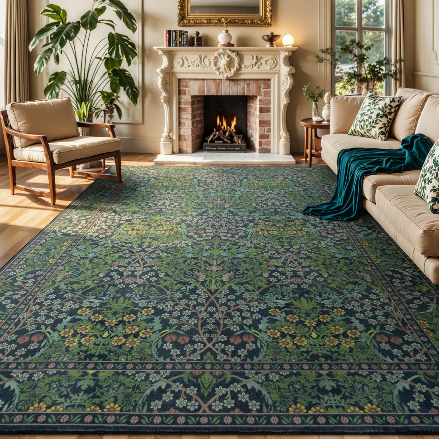 Lessymo Floral Living Room Rug 8x10 Area Rugs, Vintage Forest Washable Rugs for Dining Room Bedroom, Low Pile Non Slip Rubber Green Mat, Distressed Retro Indoor Boho Carpet, Forest Green Forest Green 8' x 10' (Rectangular)