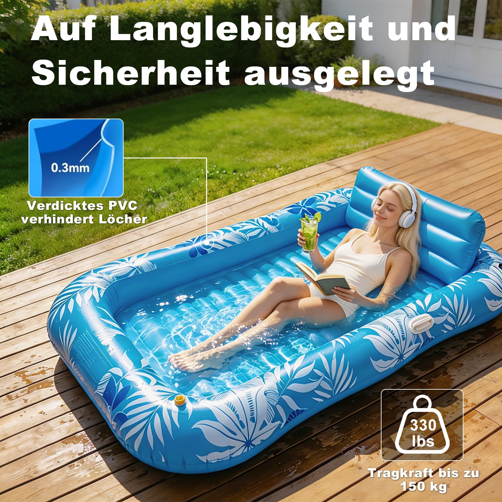 Balakaka Aufblasbare Tanning Pool Groß 208×130cm, 4-in-1-Sonnenliege Sprühfunktion für Party, Aufblasbarer Luftmatratze für Erwachsene mit Handlauf/Kopfstütze Getränkehalter