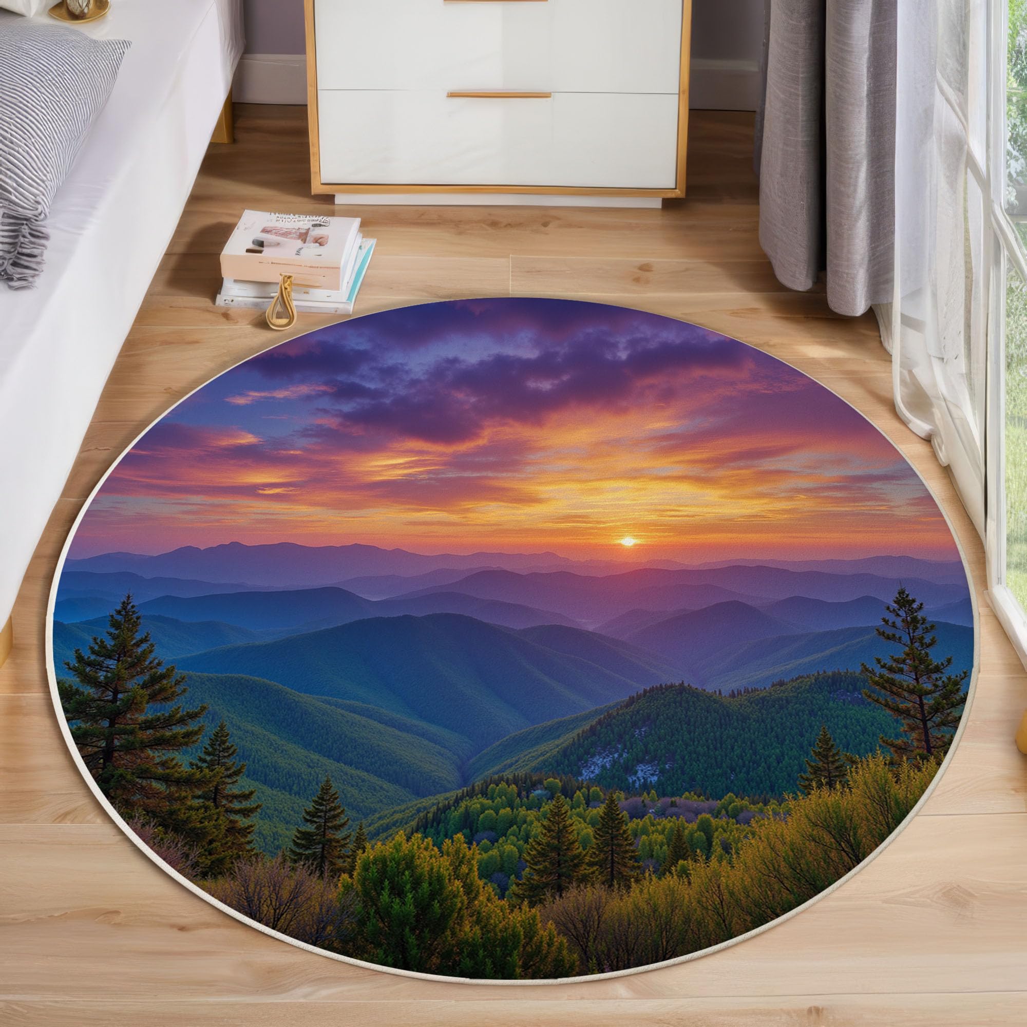 Tapis rond paysage violet orange 80cm lavable pour salon et chambre