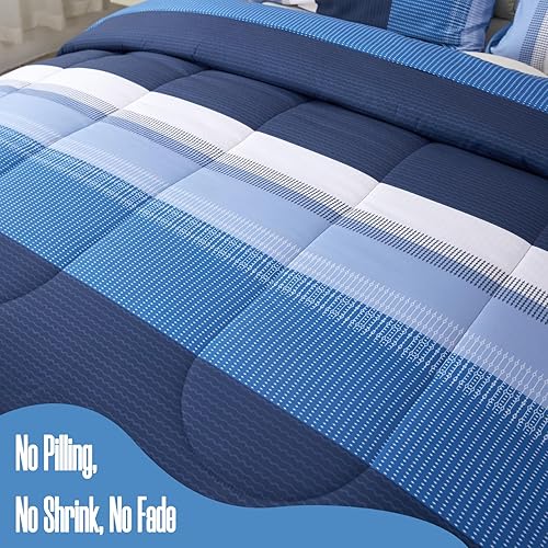 Miniatura 4 de PERFEMET Juego de edredón a rayas azules tamaño individual (1 edredón individual XL, 2 fundas de almohada), juego de ropa de cama de retazos súper