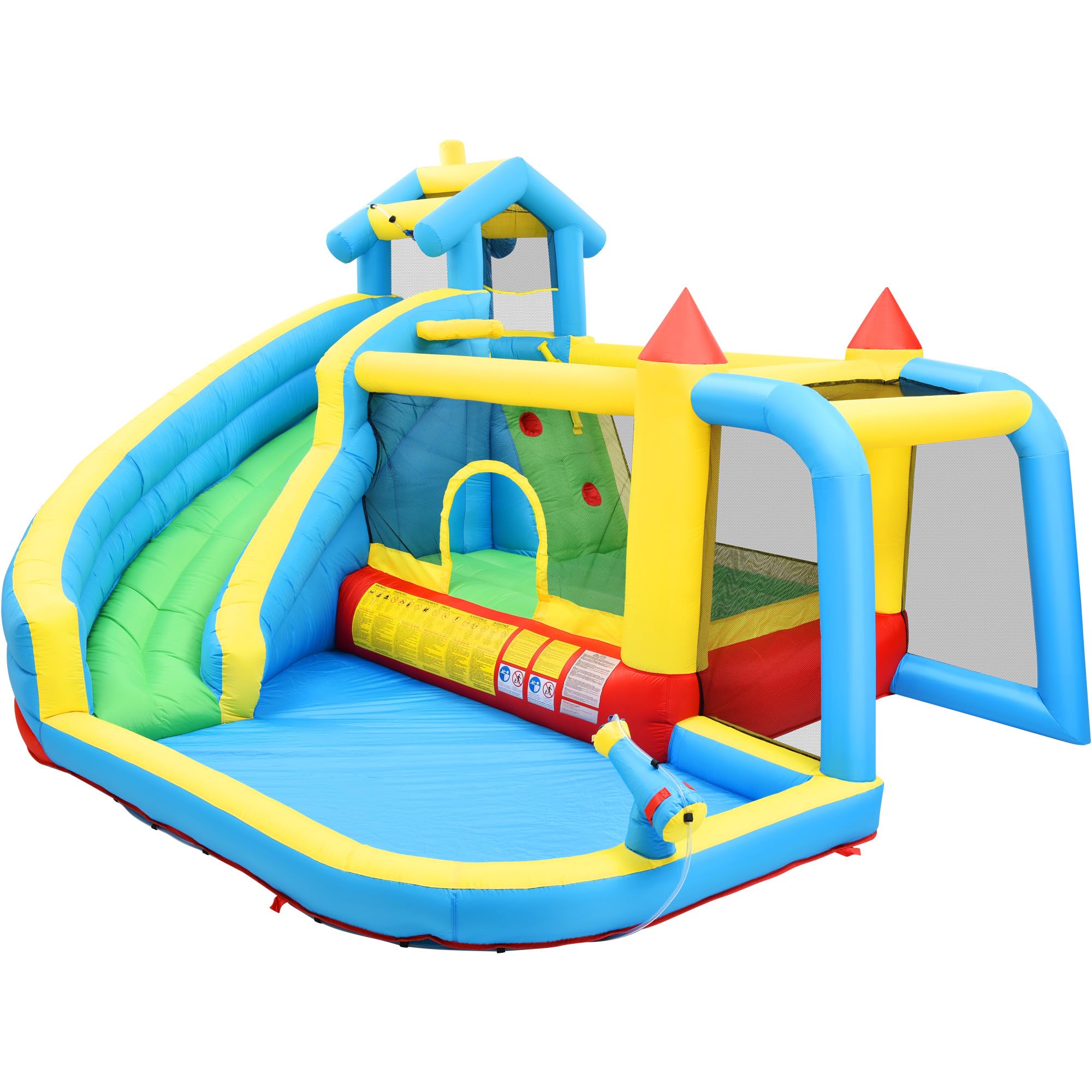 Bouncy Castle para niños 5 en 1 con ventilador, parque acuático inflable con tobogán, plataforma de salto, piscina y red de fútbol, castillo hinchable al aire libre para jardín, tela Oxford