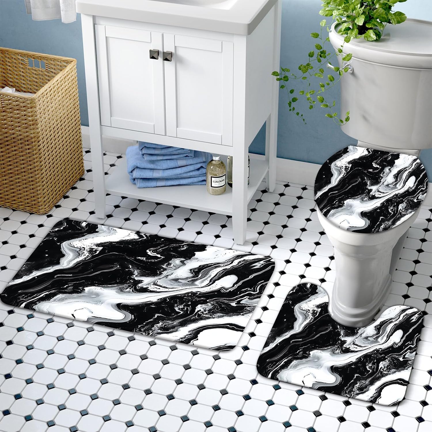 Lnond 4Pcs Marble Bathroom Sets with Shower Curtain and Rugs, Black Marble Modern Art Bathroom Shower Curtain Sets with Rugs and Accessories