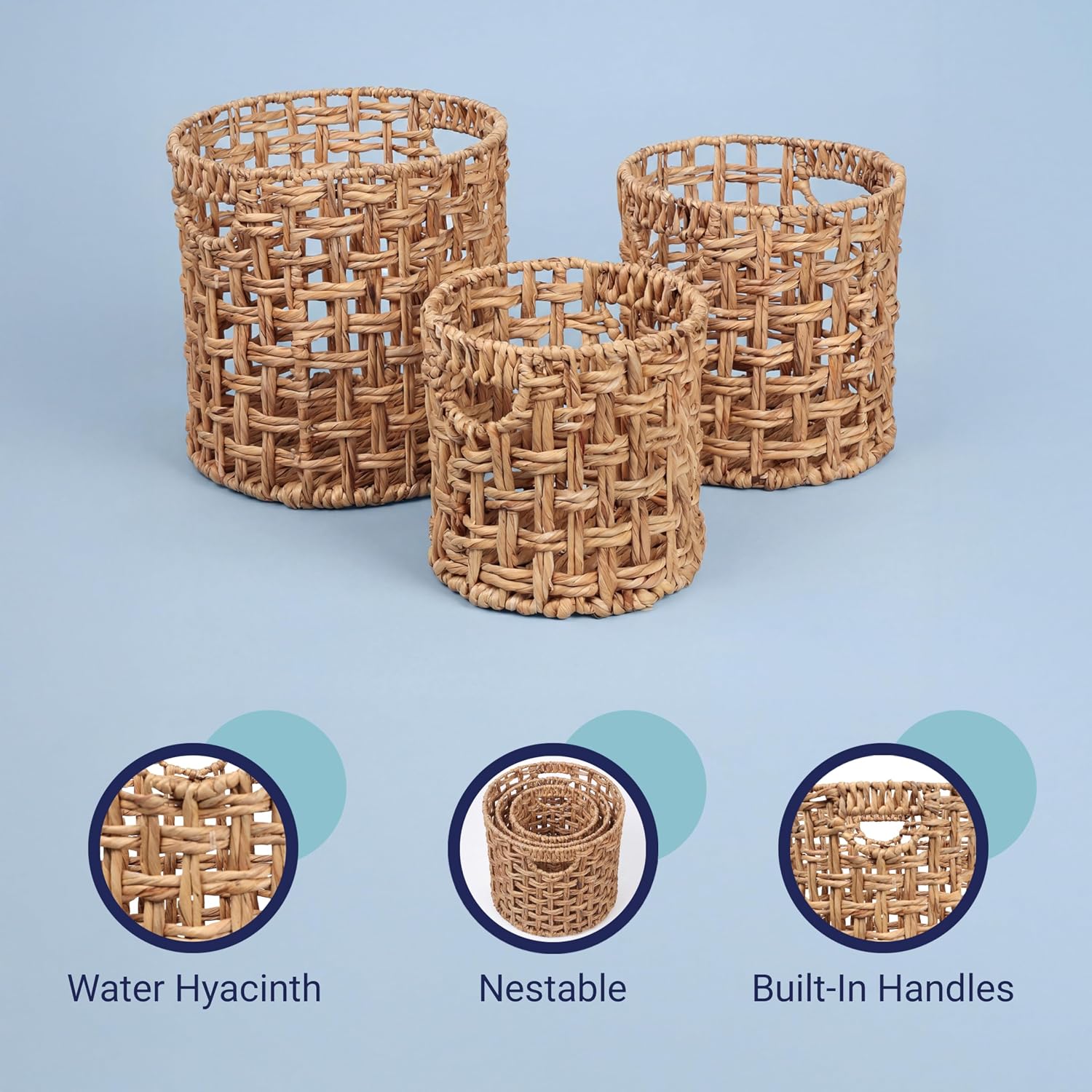 happimess BSK2033A-3SET Lasuna Coastal Bohemian Water Hyacinth Handwoven Checker Weave Nesting Baskets with Handles, Natural (Set of 3)