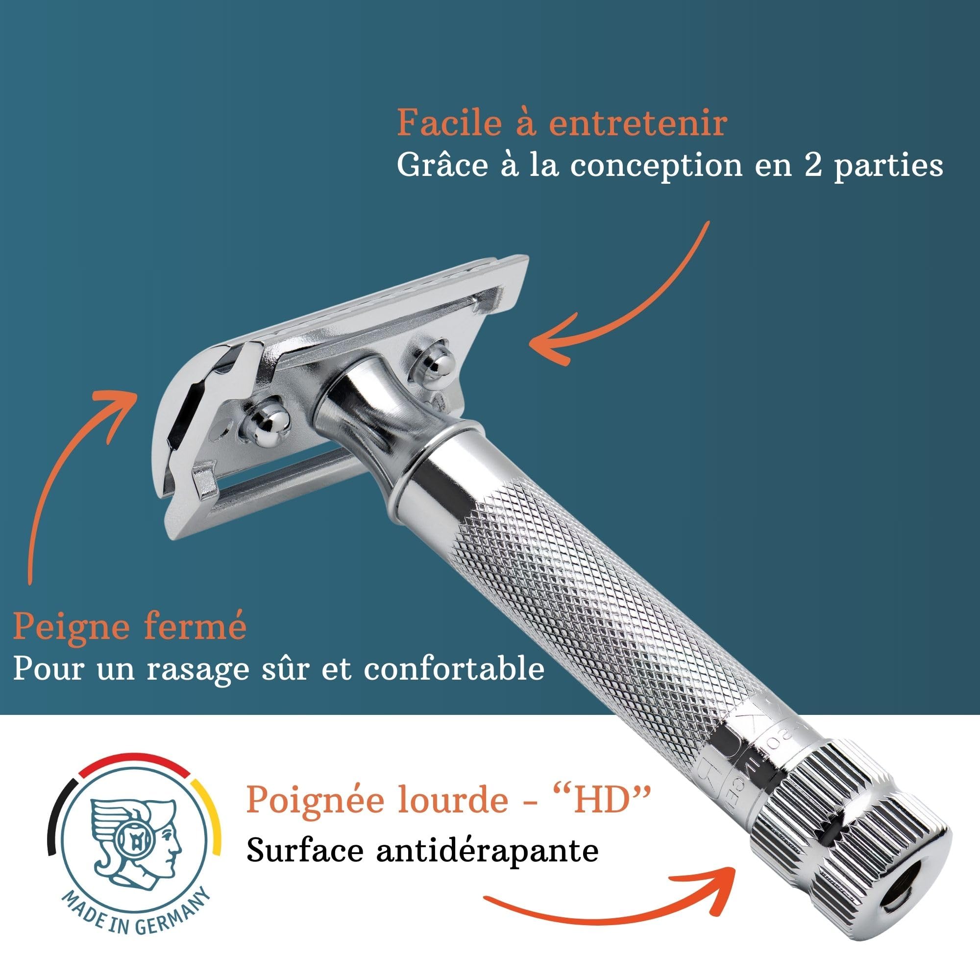 MERKUR 34C Rasoir de sûreté – Finition chrome brillant, manche court et lourd, conception en deux pièces, peigne fermé, rasage durable – Fabriqué en Allemagne