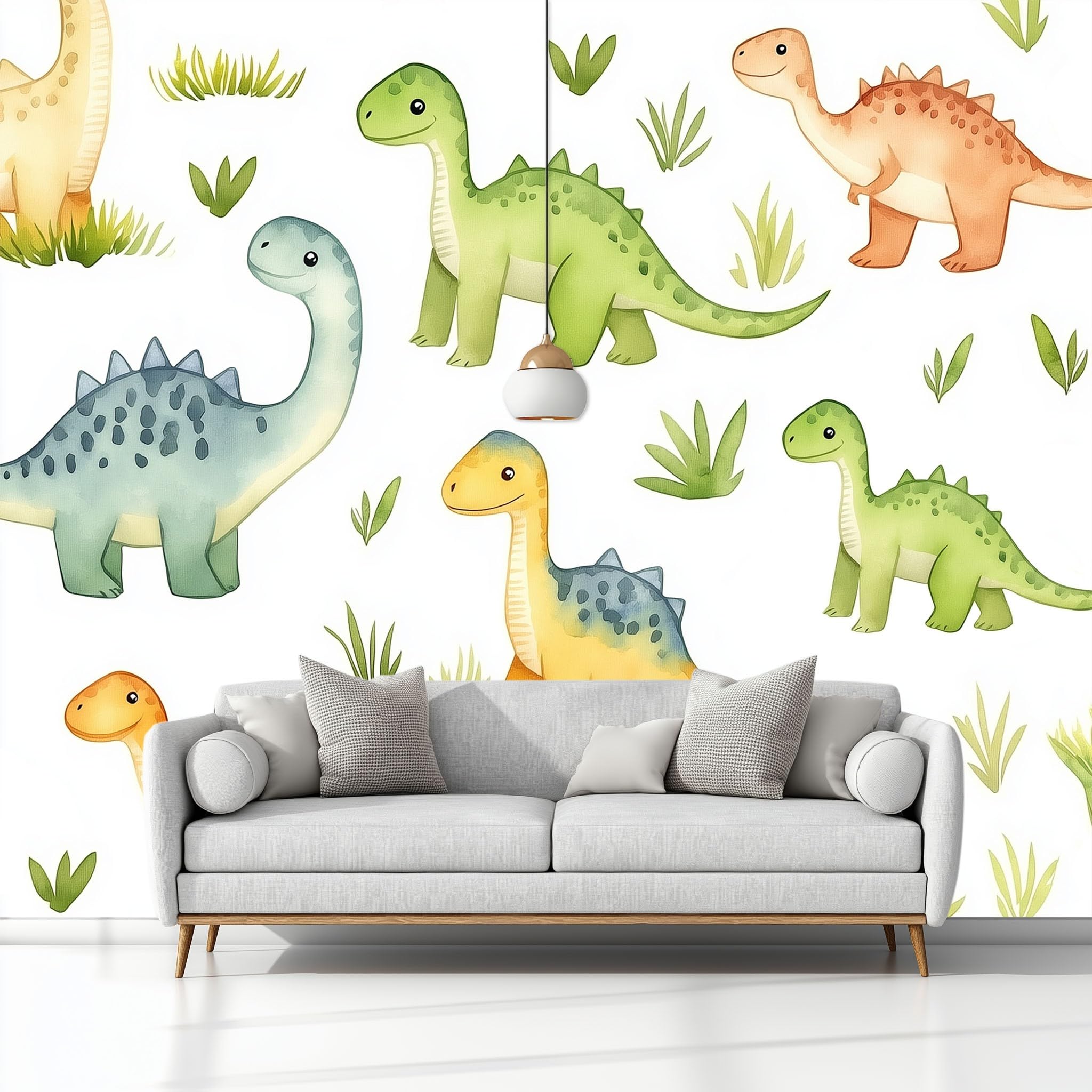 Urocze zwierzęta, dinozaury, łąki, flizelina, fototapeta, biała, 300 x 210 cm, dekoracyjny mural ścienny, plakat do sypialni dziecięcej, salonu lub telewizora, pokrycie ścian