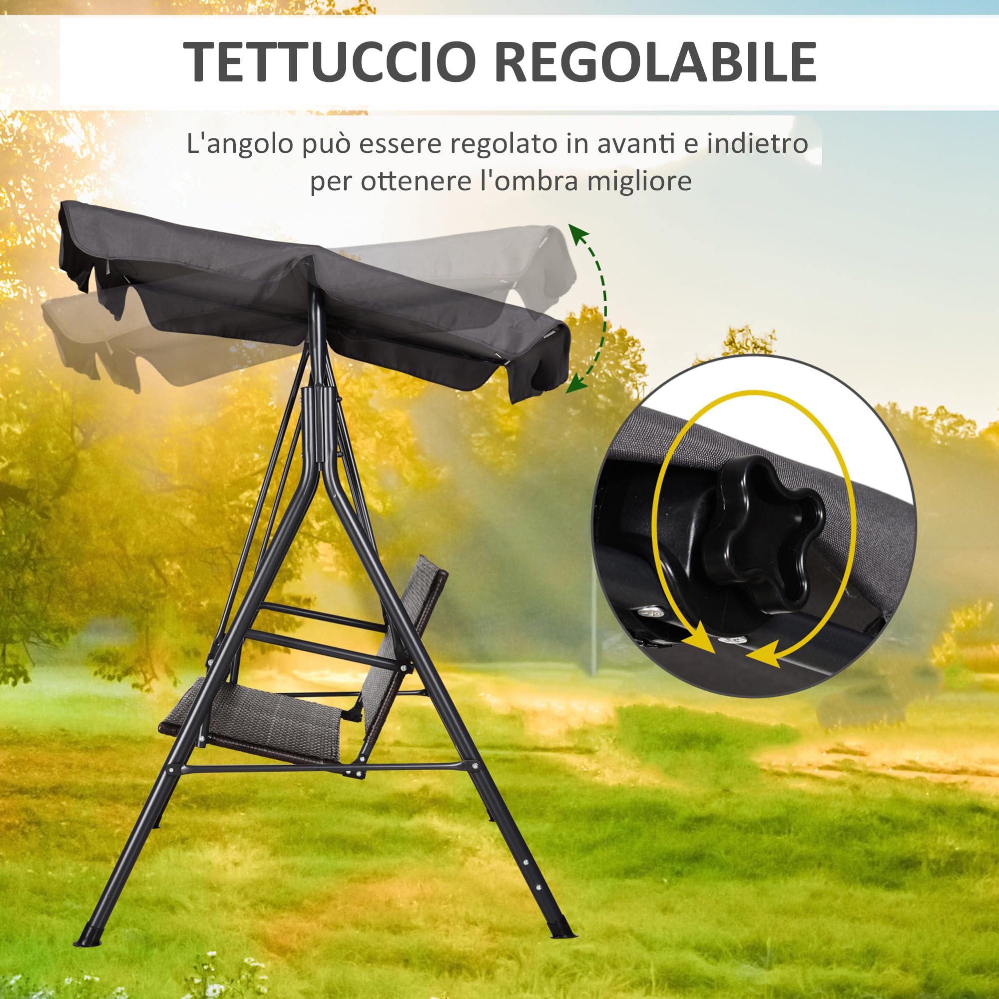 Outsunny Dondolo da Giardino 2 Posti in Rattan con Tettuccio Parasole Regolabile, Dondolo da Esterno con Struttura in Acciaio, Portata 180 kg, 140x110x151 cm, Marrone e Grigio