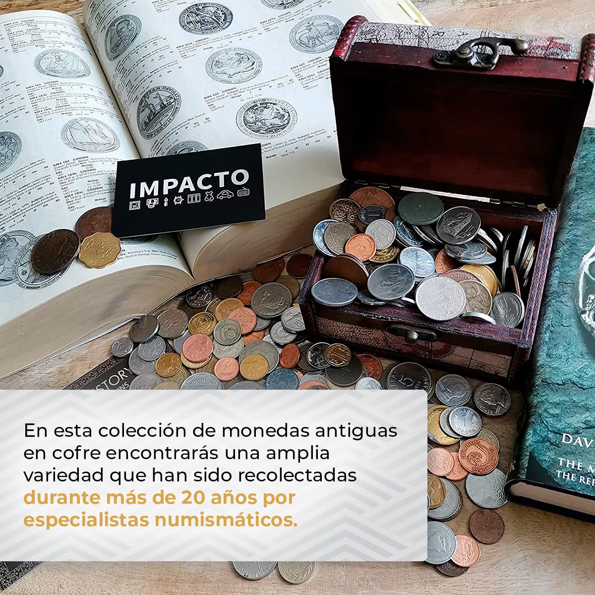 IMPACTO COLECCIONABLES | 1 kg de Monedas del Mundo Auténticas en Cofre de Madera – Gran Variedad de Monedas Antiguas para Ampliar tu Colección – Incluye Certificado de Autenticidad