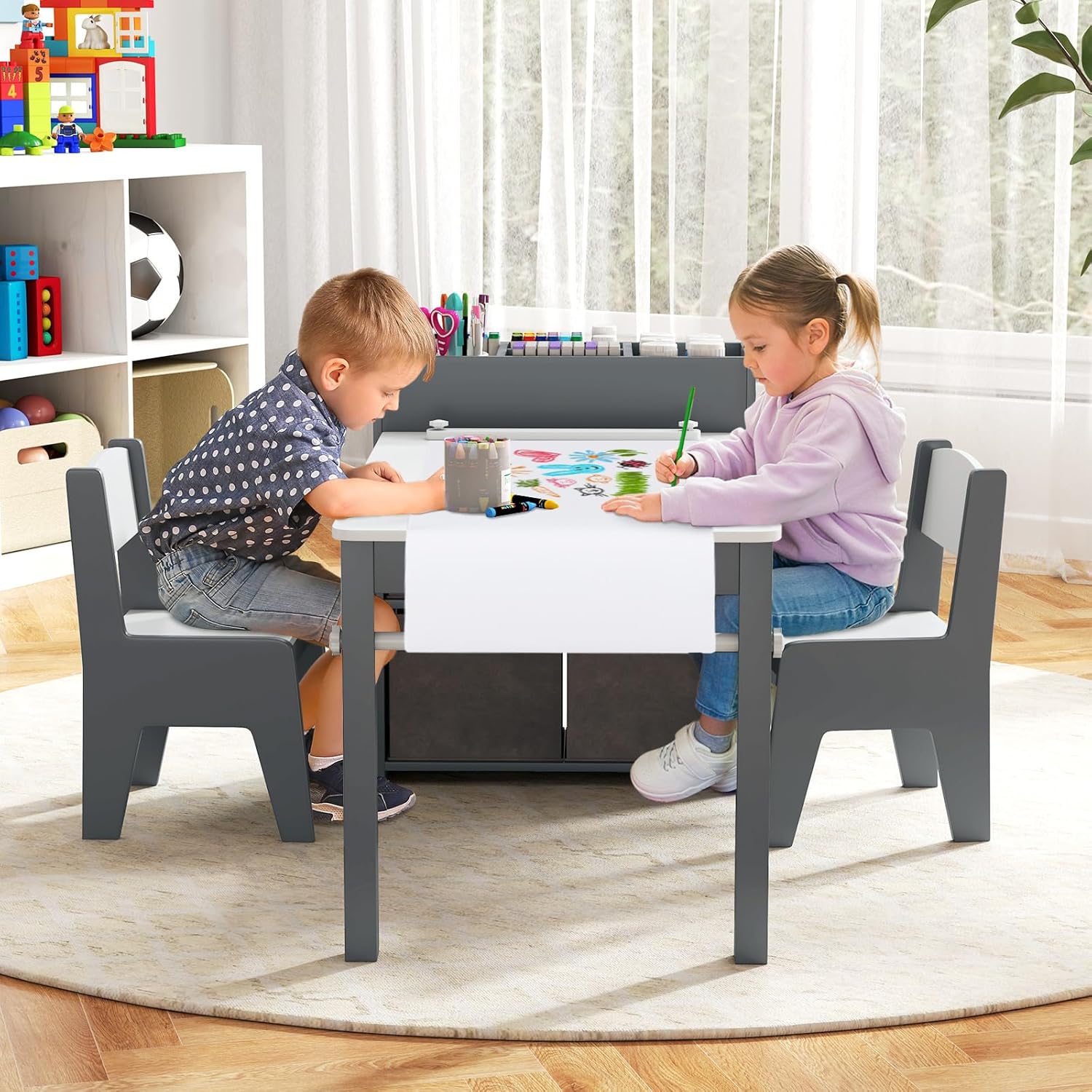 HONEY JOY Kids Table and Chair Set, Wooden Arts and Crafts Activity Table w/Paper Roll, Storage Bins & Shelves for Writing Drawing, Children Learning Furniture, Toddler Table and Chair Set (Grey)