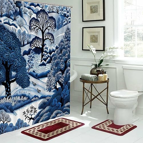 Miniatura 86 de Cortinas de ducha de baño con ganchos, 72 x 92 pulgadas, cortina de ducha de tela impermeable con diseño de flores y pájaros, cortina de ducha