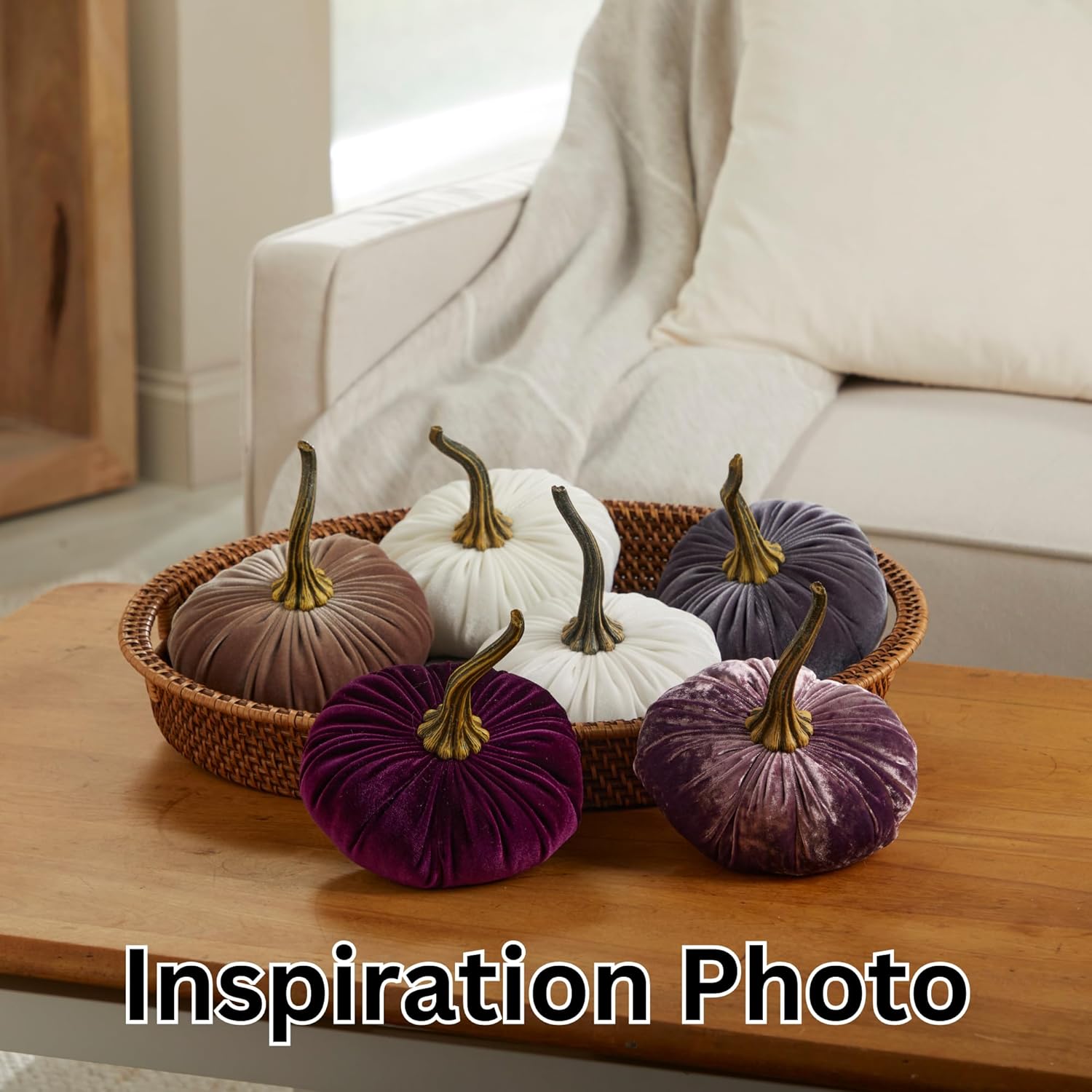 Set of 3 Velvet 6.25 Inch Pumpkins, neutral fall decor, autumn cozy vibe, Thanksgiving centerpiece, bookshelf office decor, basket gift for friend, elegant tiered tray (Gray, Taupe, Ivory)