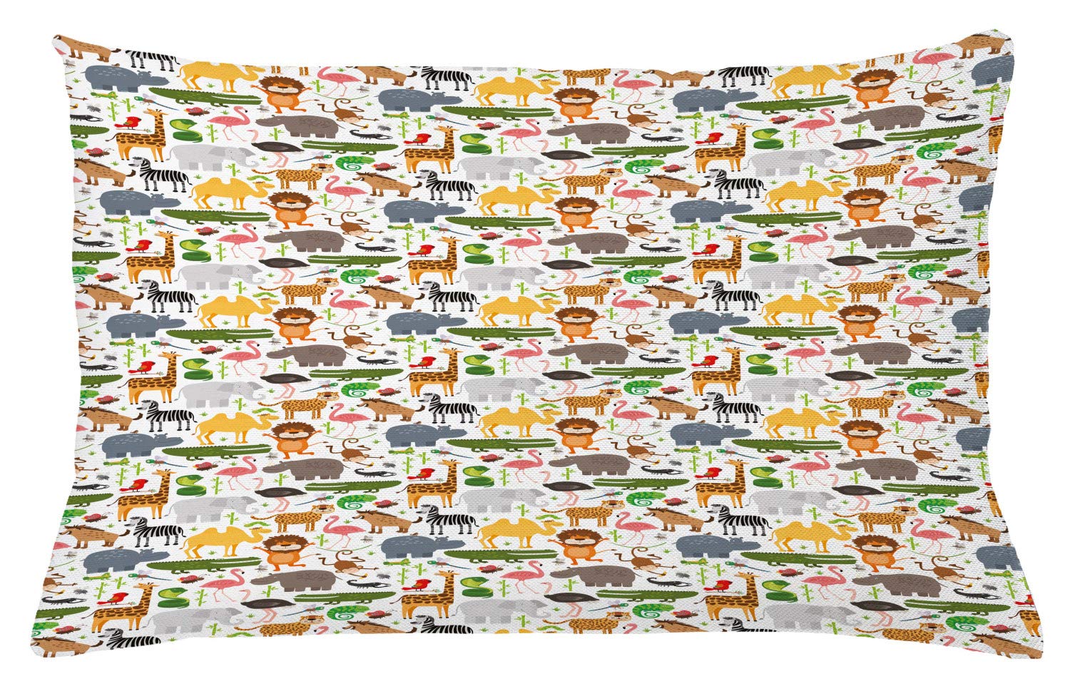 Lunarable Savannah Throw Pillow Cushion Cover, Cartoon Style Animal Pattern Savannah Themed Lions Tigers Flamingos Funny Print, Decorative Square Accent Pillow Case, 26