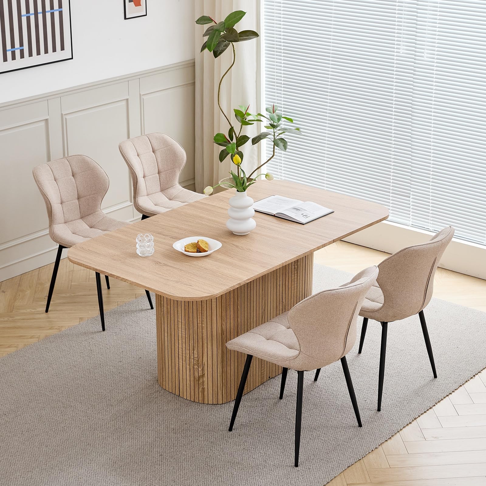 GrandCA HOME Set di 4 Sedie da Pranzo Imbottite in Lino con Schienale e Gambe in Metallo Nero, Sedia da Soggiorno per Cucina, Sala da Pranzo, Camera da Letto - Cachi