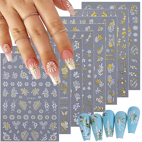 Gold Flowers Nail Stickers for Nail Art, 8Pcs Butterfly Daisy