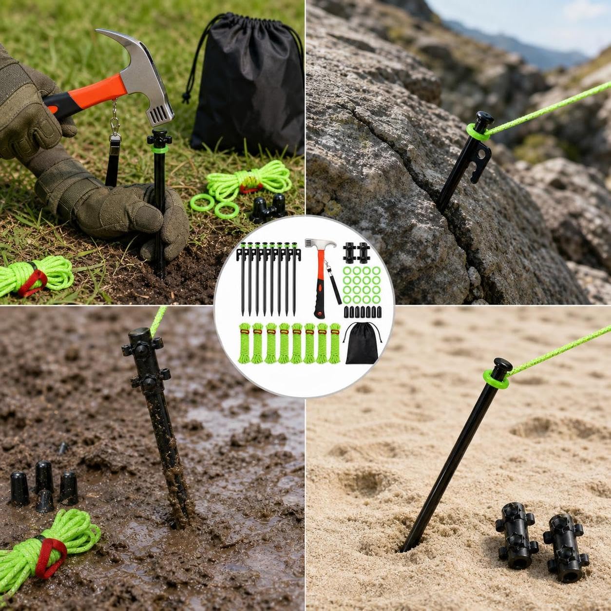 Zeltbefestigungsset sturmsicher für Camping, Zeltheringe Set & Abspannseile, für Zeltzubehör, Set mit 8X 20cm Heringen, 8X reflektierenden Seilen, orangefarbenem Hammer und Zubehör