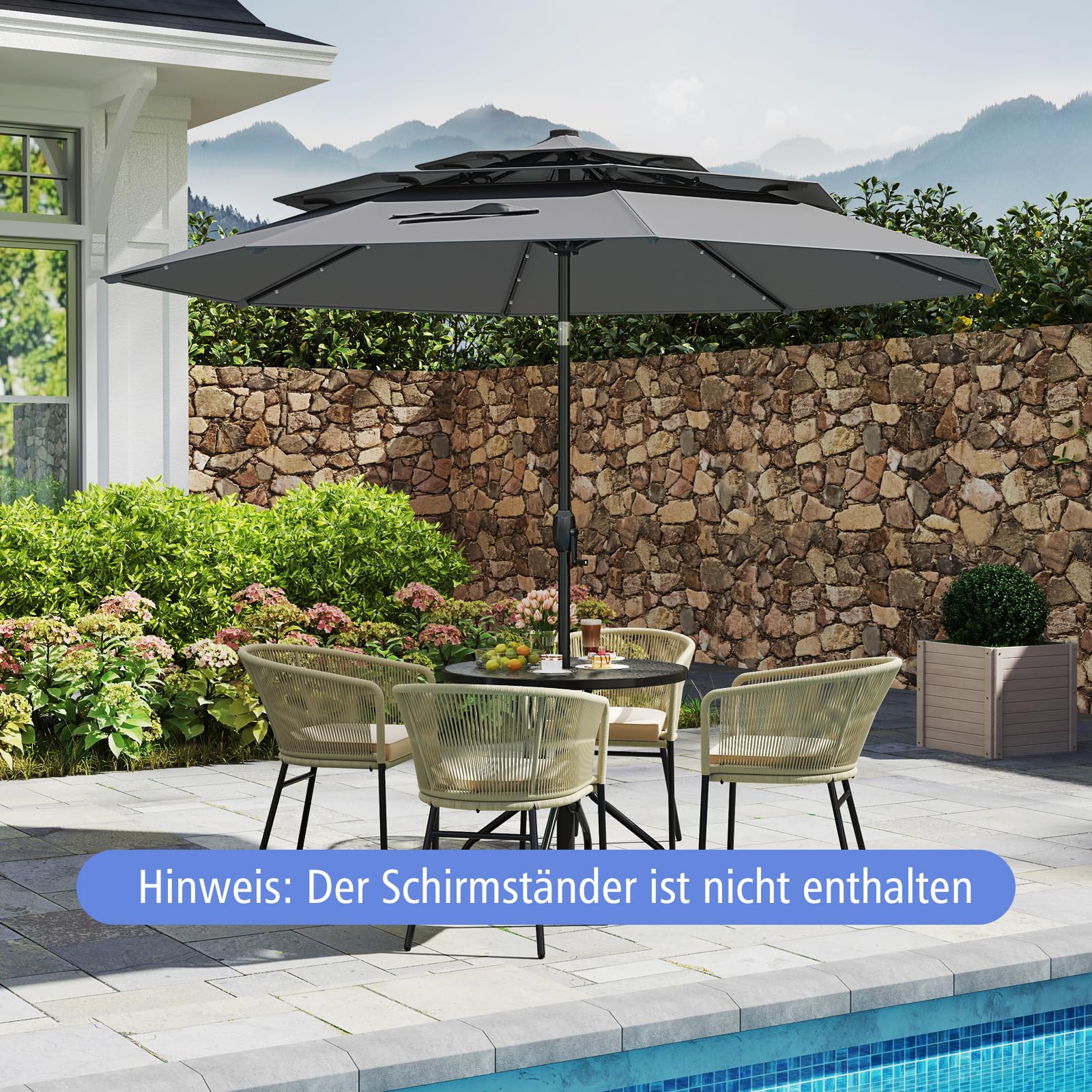 COSTWAY Parasol przeciwsłoneczny z oświetleniem solarnym LED, 300 cm, odporny na wiatr, stabilny, parasol tarasowy z korbą, obustronnie zginany o 35°, parasol balkonowy, do ogrodu, na balkon, antracyt