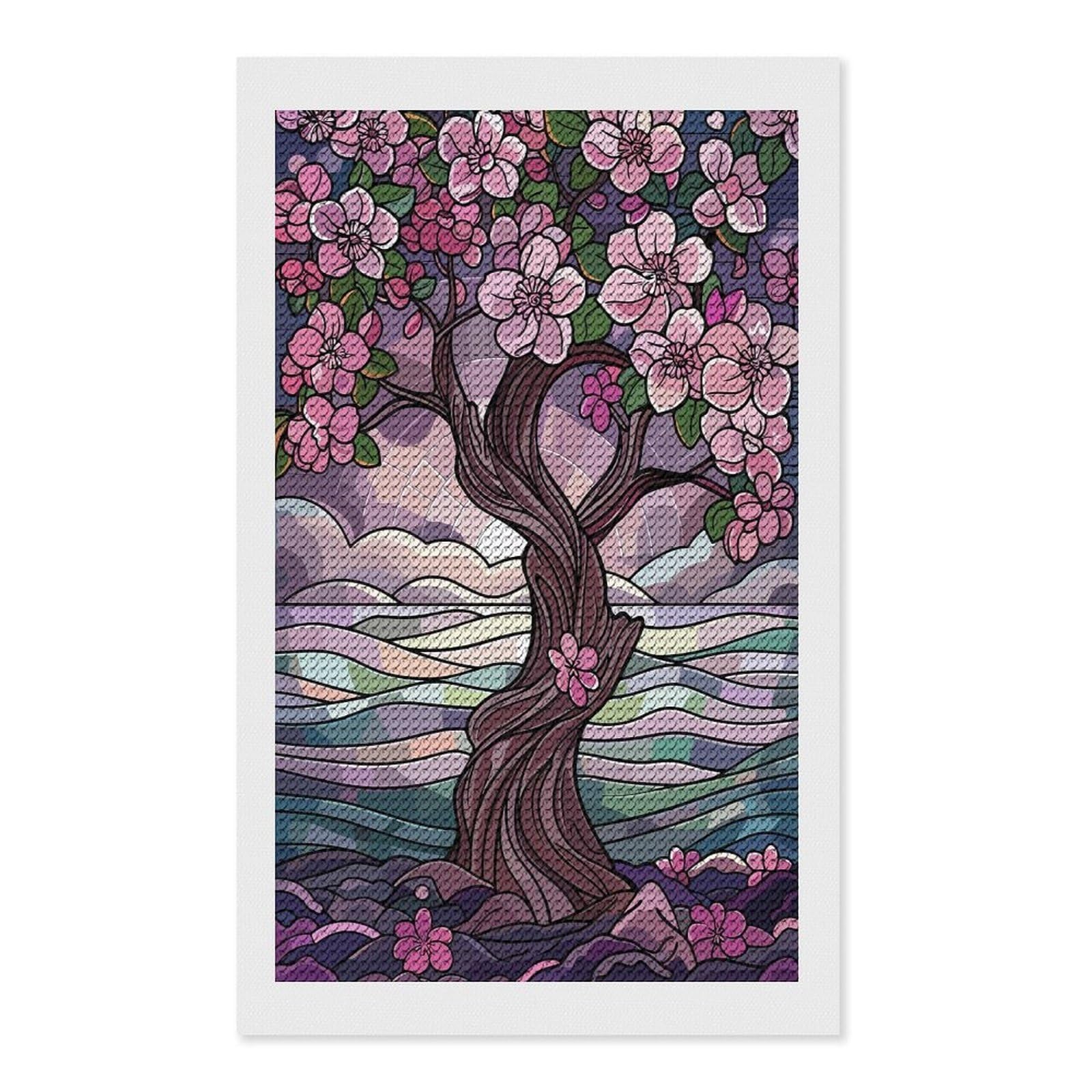 Junmoney Stained Glass Cherry Blossom Tree Round Drill Diamond Painting 12"x20", Handmade Wall Decor, Modern Decor, Aesthetic Room Decor, Easy Craft Set