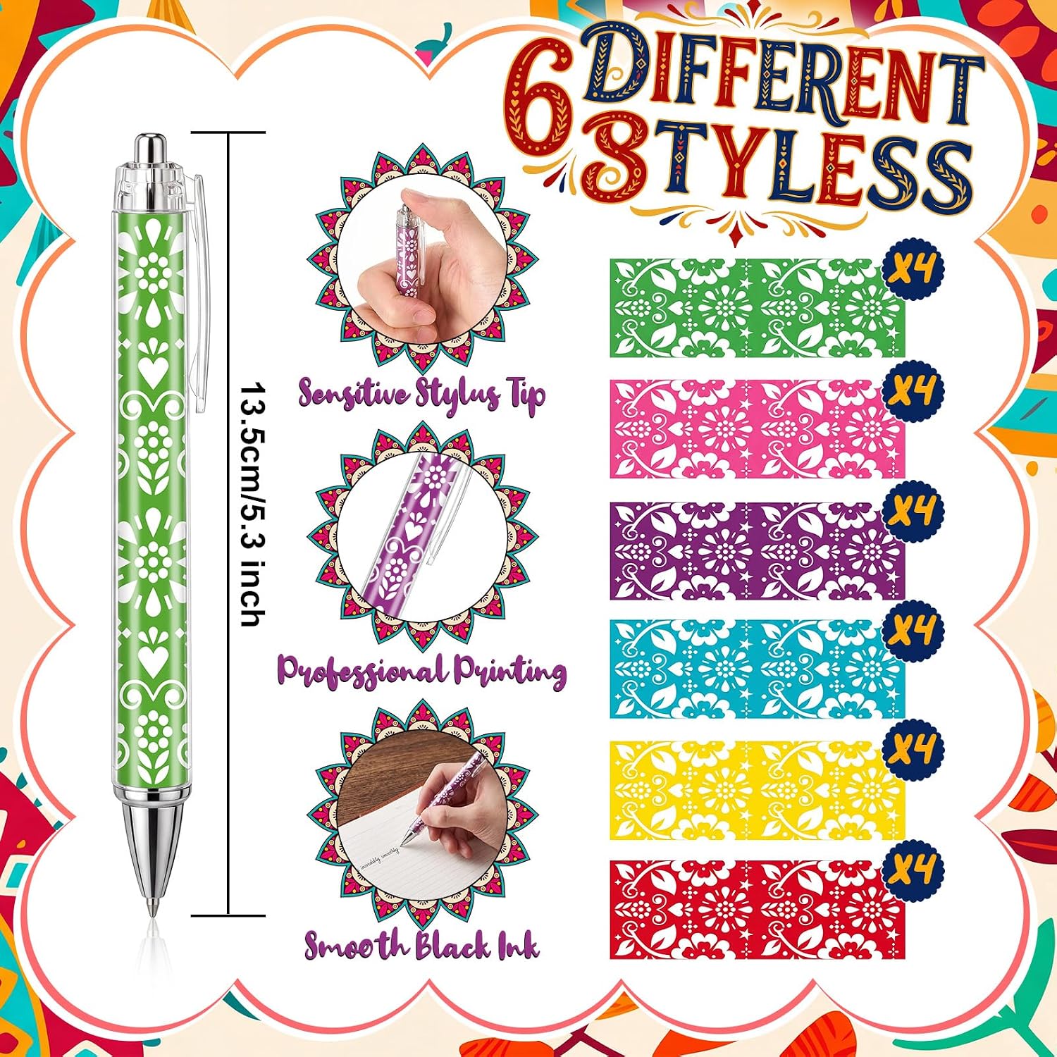 24 Pcs Multicolor Mexican Fiesta Pens Bulk, Papel Picado Floral image 2