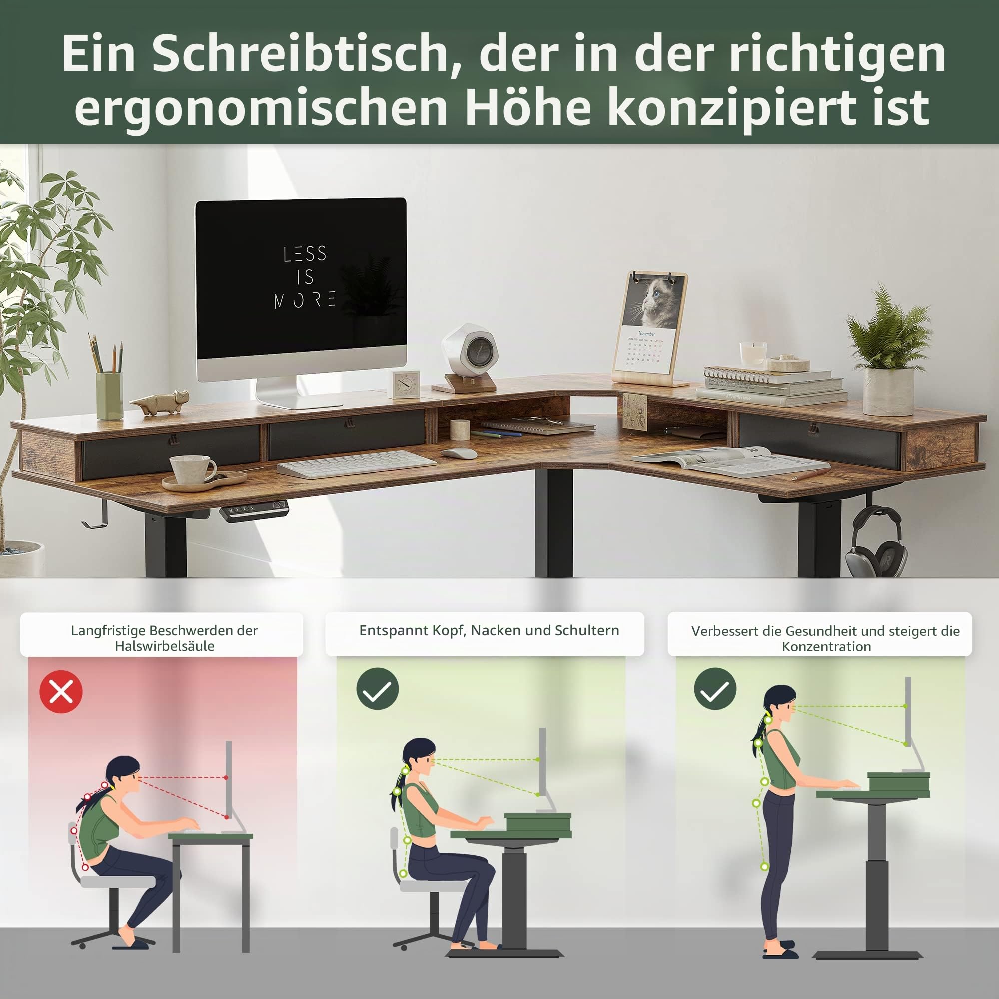 FEZIBO DREI Motoren Schreibtisch Höhenverstellbar Elektrisch mit 3 obere Schublade, L Form Stehpult, Links und rechts austauschbar, 160 x 120 cm eckschreibtisch, Schwarz Rahmen/Braun Tischplatte