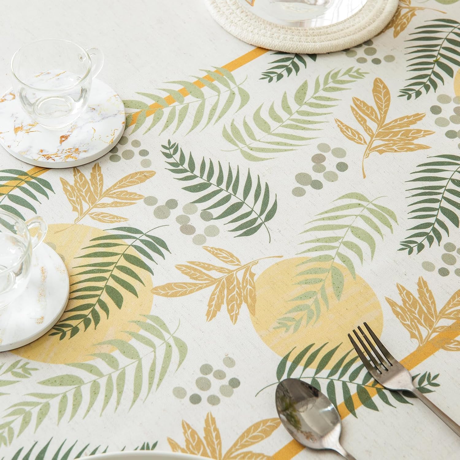 GLORY SEASON Rustic Tablecloth Classic Forest Green Plant Leaf Printed Linen Fabric Table Cover Farmhouse Decoration 55x120 Inches Rectangle/Oblong Ivory/OliveGreen for Kitchen Dining