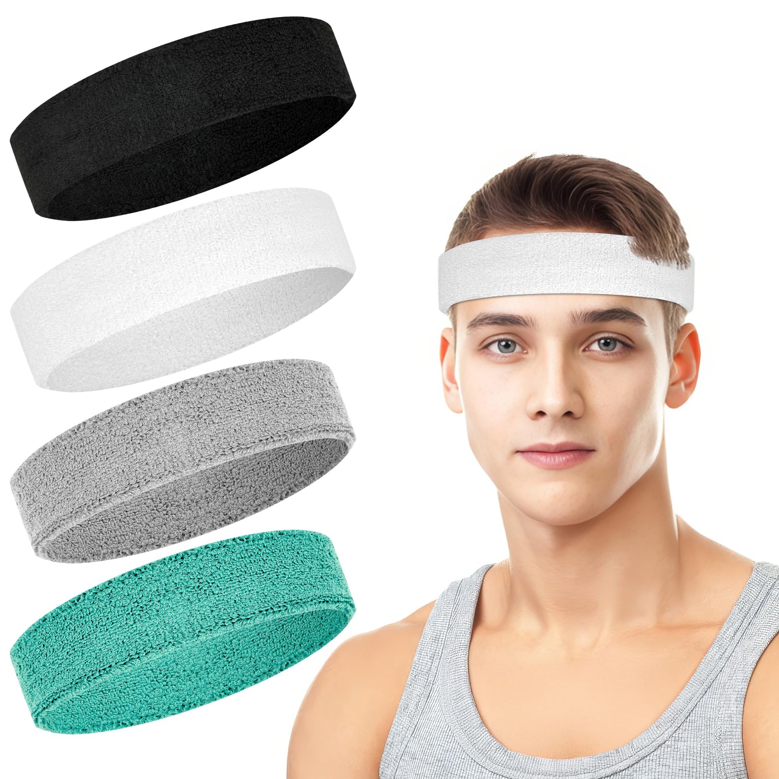 4 Pack Cotton Terry Sweat Headbands for Men Women Running Gym