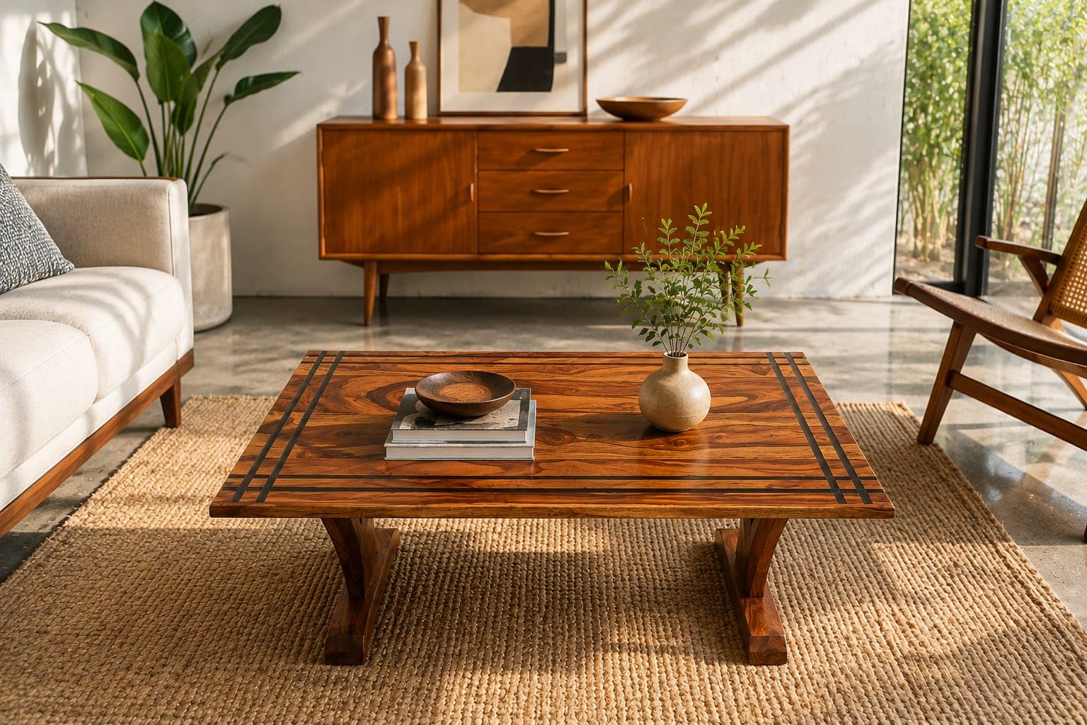 Solid Sheesham Wood Coffee Table for Living Room | Modern Minimalist Rectangular Centre Table | Decorative Inlay Design | Wooden Tea Unit for Home, Office & Lounge Furniture | Brown Finish-image-47