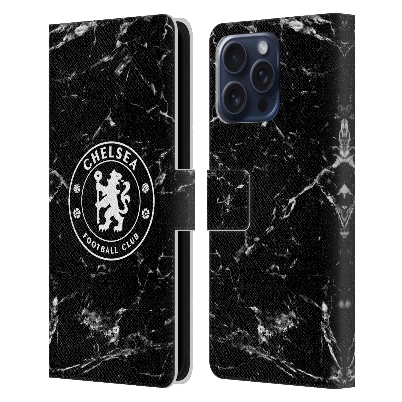 Head Case Designs Officially Licensed Chelsea Football Club Black Marble Crest Leather Flip Case Compatible With Apple iPhone 16 Pro Max