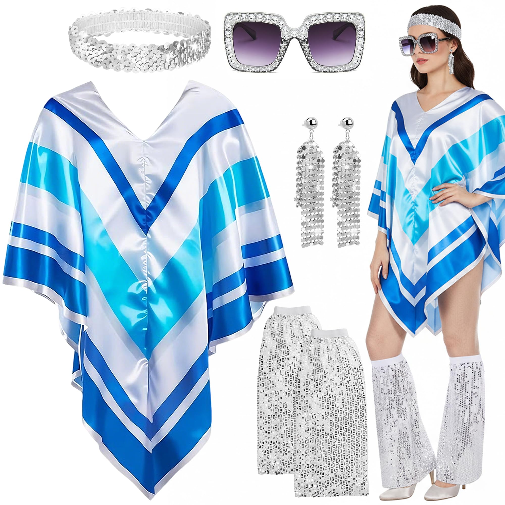 Xietaea 70er Jahre Abba Kostüm Damen - Disco Outfit Set mit Poncho Glitzer Stirnband Ohrringe und Sonnenbrille, Pailletten Beinwärmer für Karneval Fasching Party Halloween Verkleidung