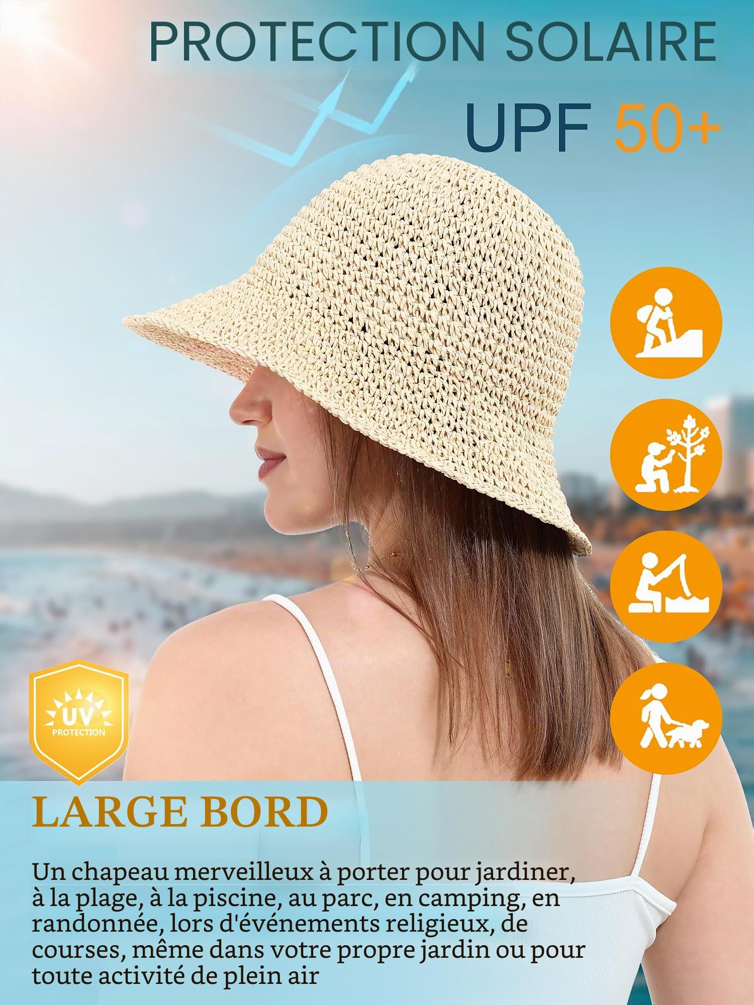 soul young Chapeau de Soleil Femme en Paille Tressée Large Bord Reversible Plage Bob Pliable Été Voyage Protection UV UPF50+