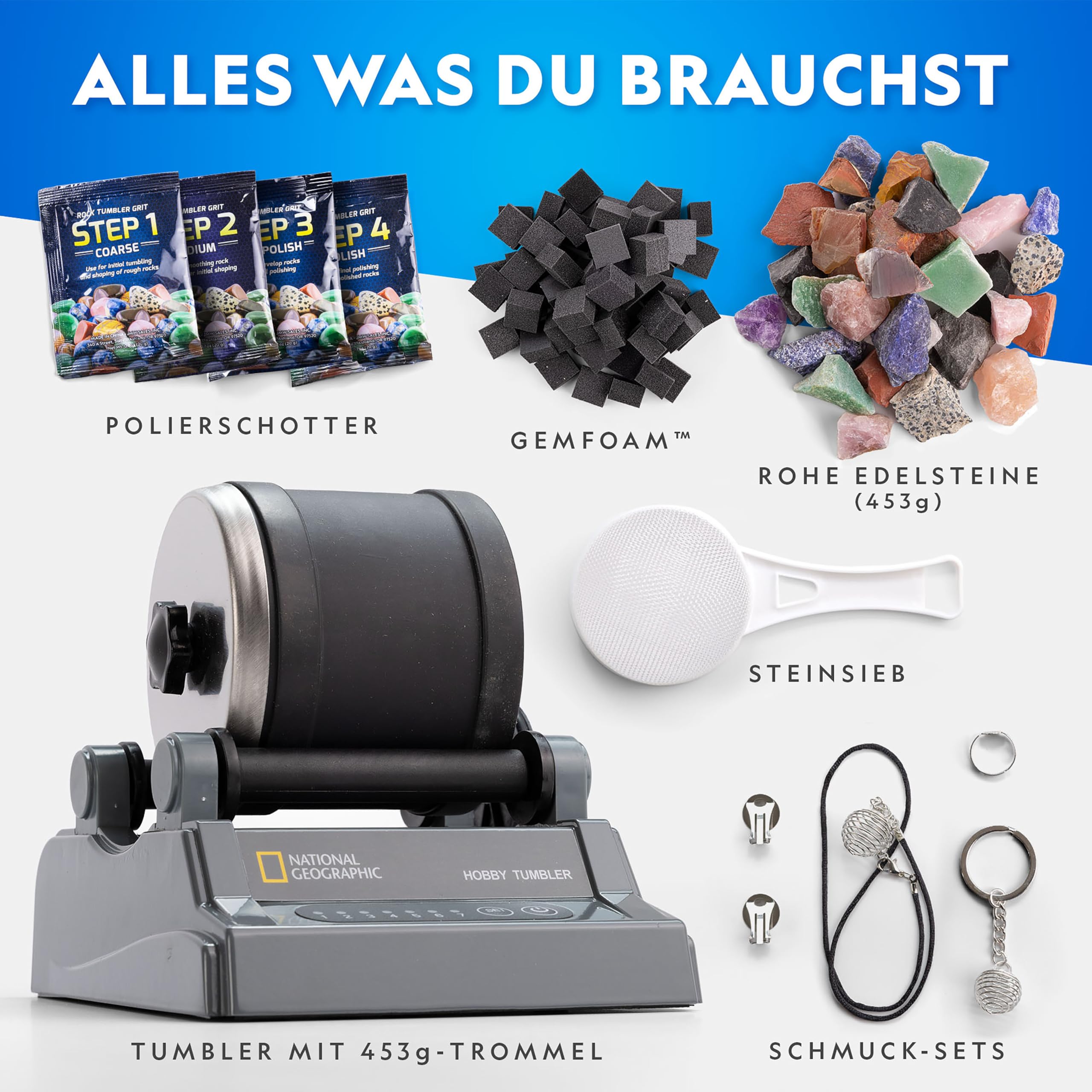 NATIONAL GEOGRAPHIC Steintrommel Hobby-Set – Vollständiges Set zum Steine Trommeln mit Hochwertiger Trommel Edelsteinen und Patentierter GemFoam-Schaumpolitur – Pädagogisches Mint-Wissenschafts-Set