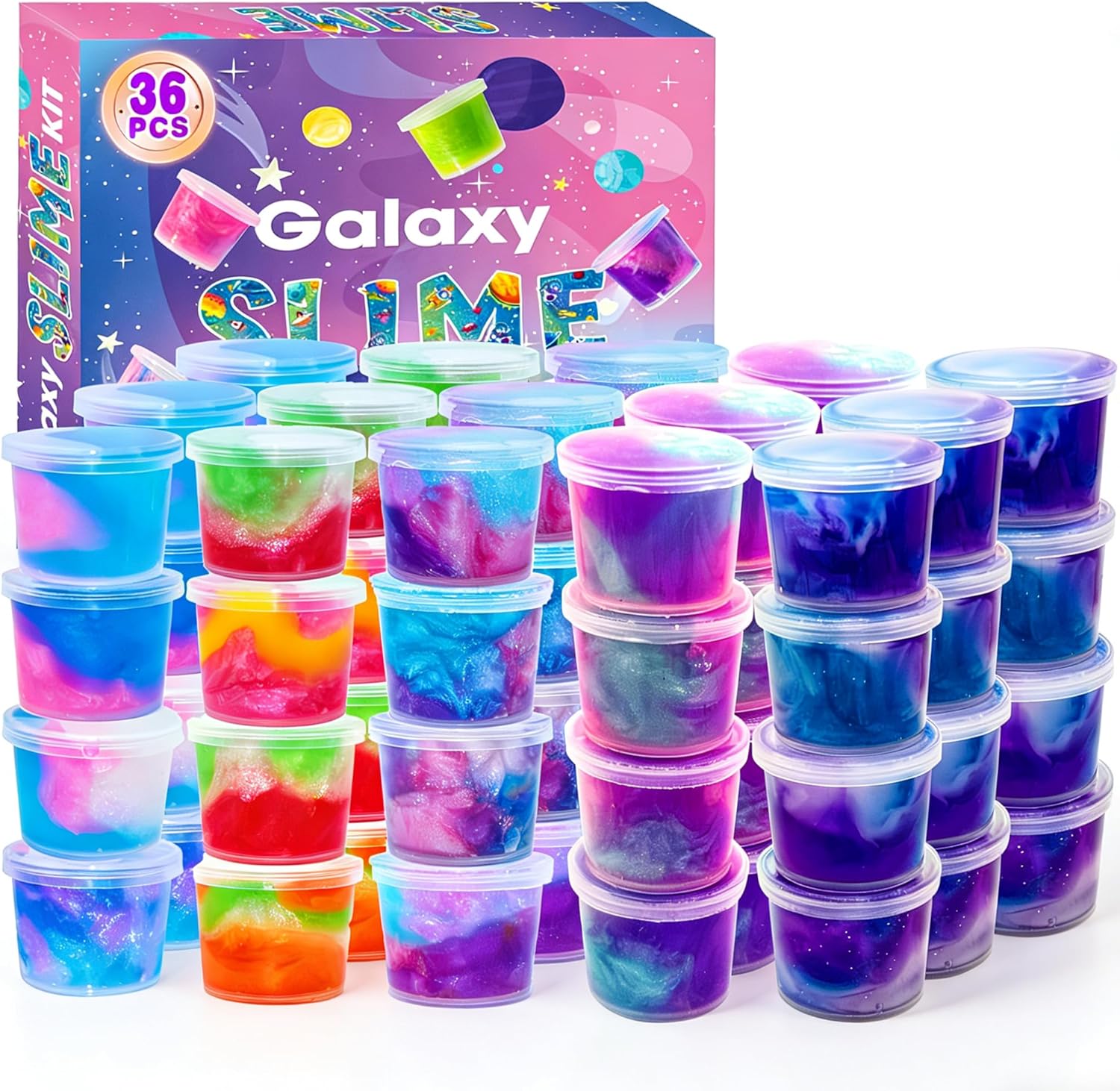36 Galaxy Slime Packs, Non-Sticky, Soft, Stress Relief, Easter Basket Stuffers for Kids, Girls, Boys, Adults