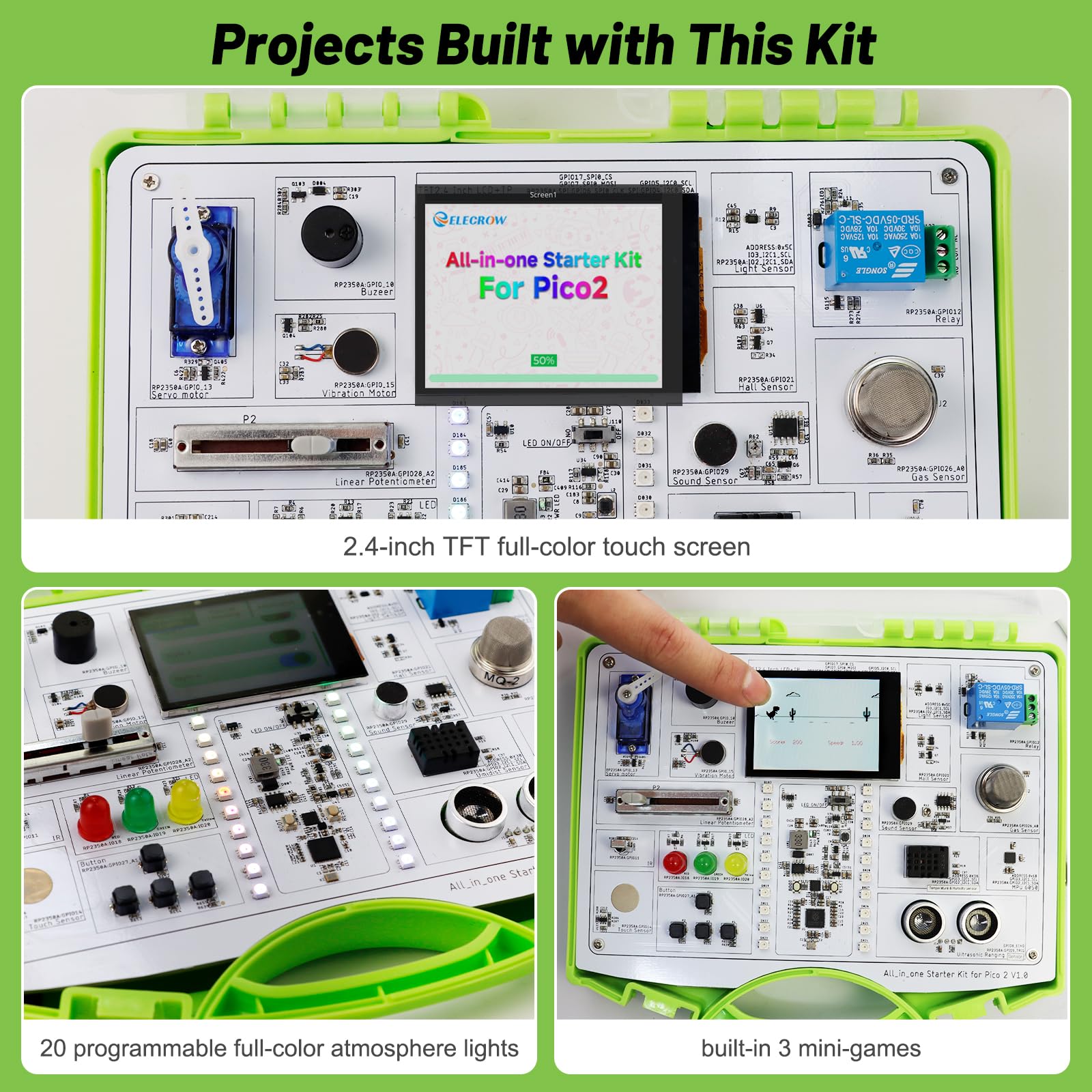 ELECROW Kit de démarrage tout-en-un pour Pico 2 RP2350 avec conception de carte commune et tutoriels en ligne, 17 capteurs et 21 leçons